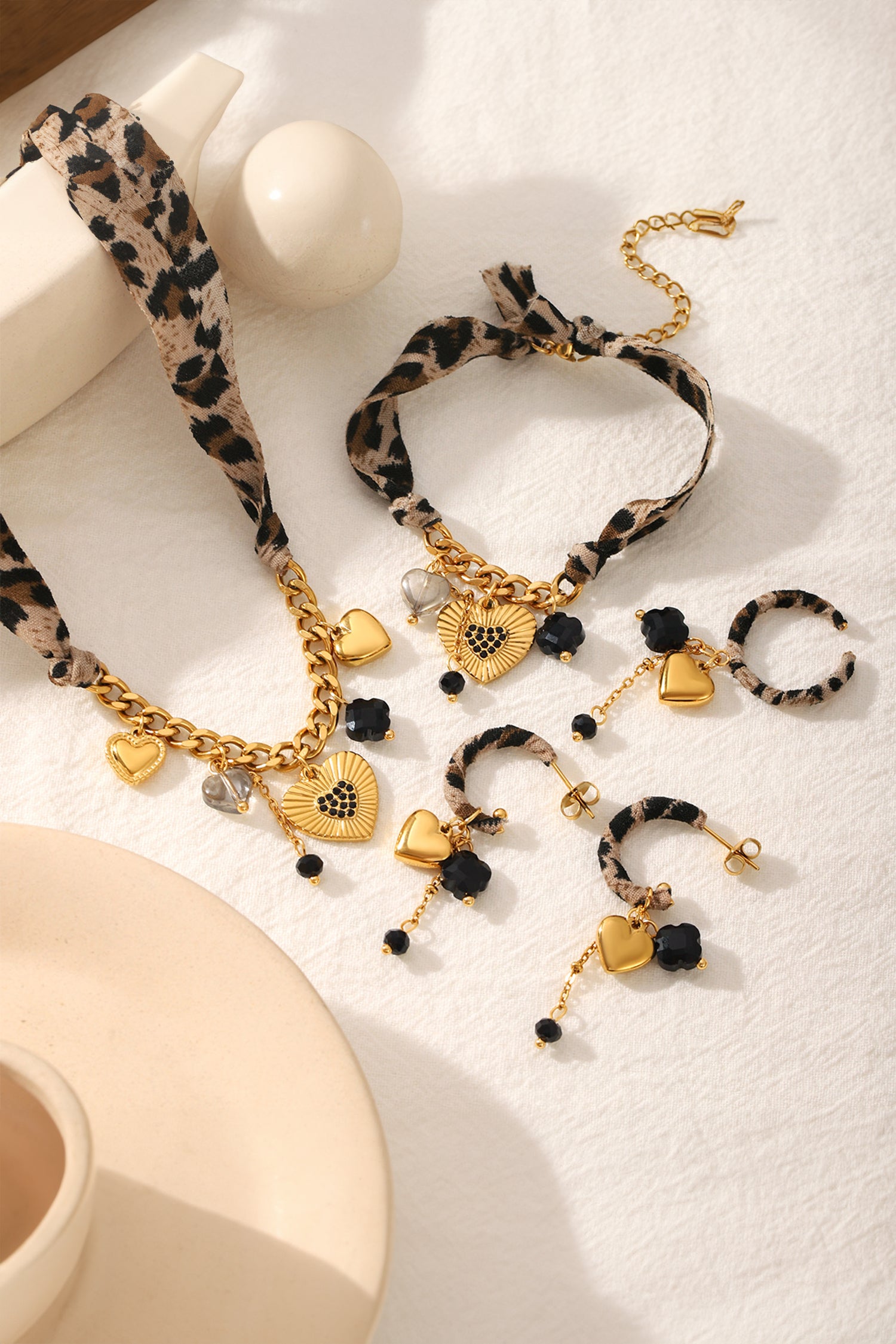 Gold Puffy Heart Leopard Wrapped Open Loop Earrings
