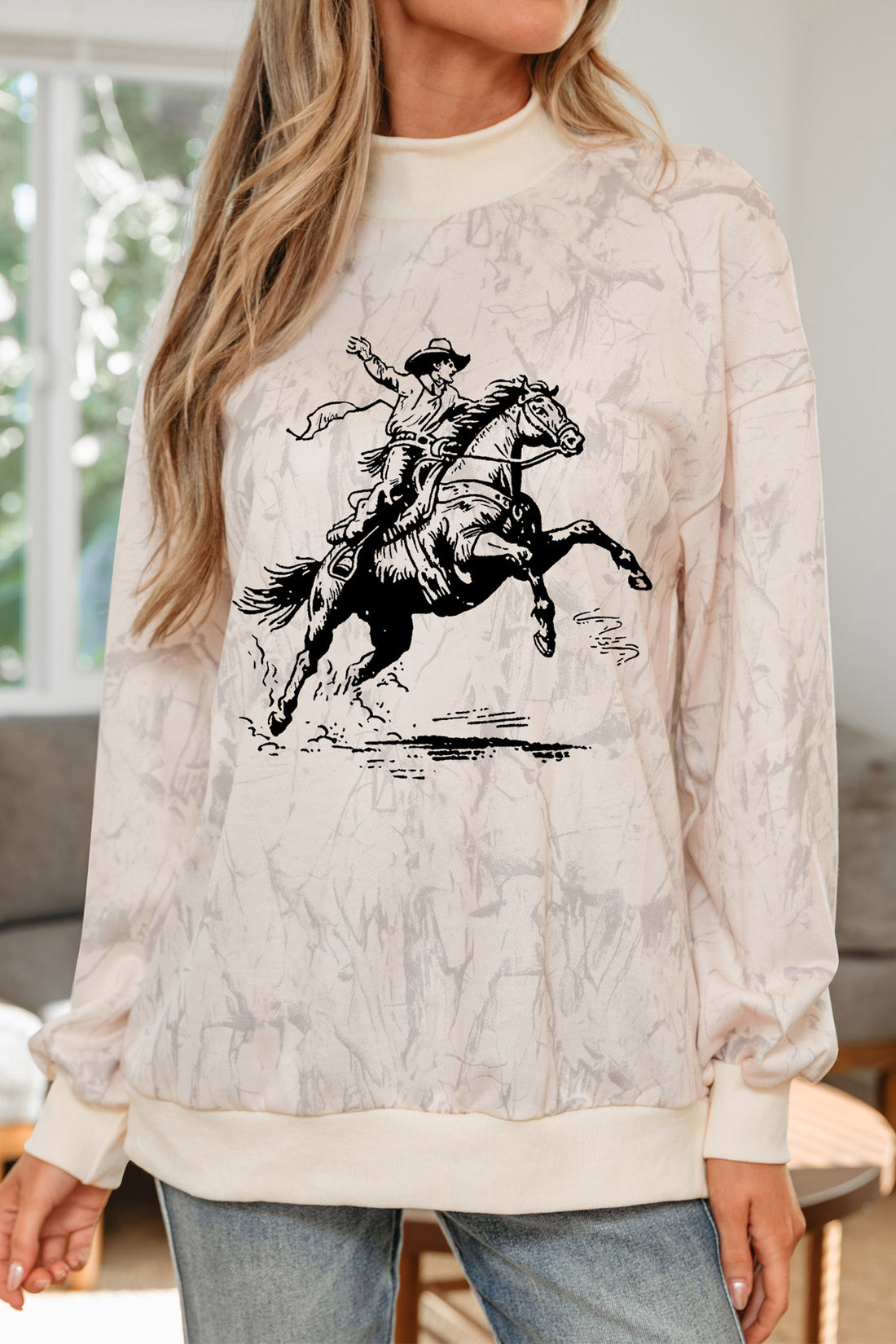 Khaki Western Rodeo Riding Print Tie-Dye Mock Neck Sweatshirt
