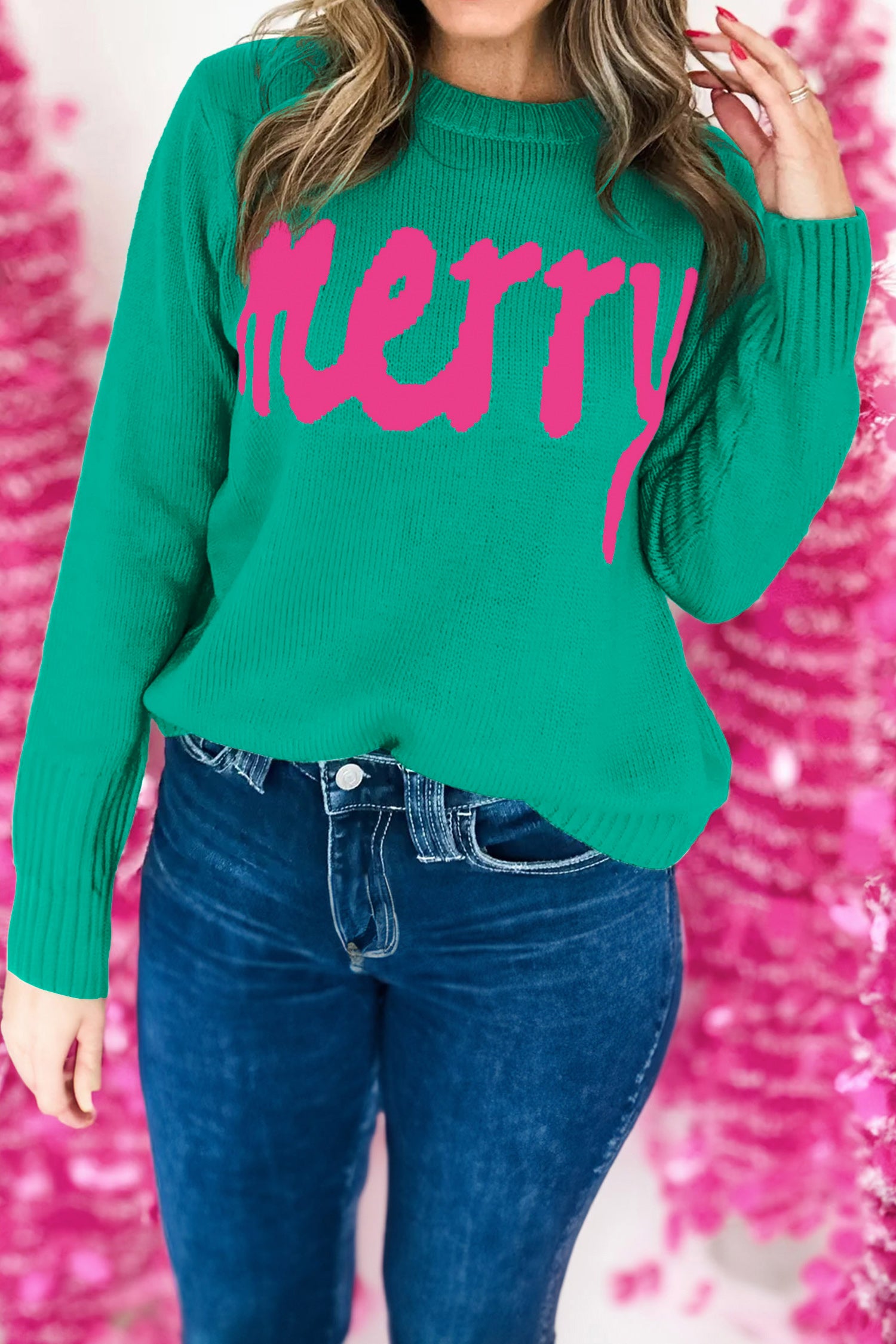 Bright Green Merry Print Ribbed Trim Round Neck Loose Fit Sweater