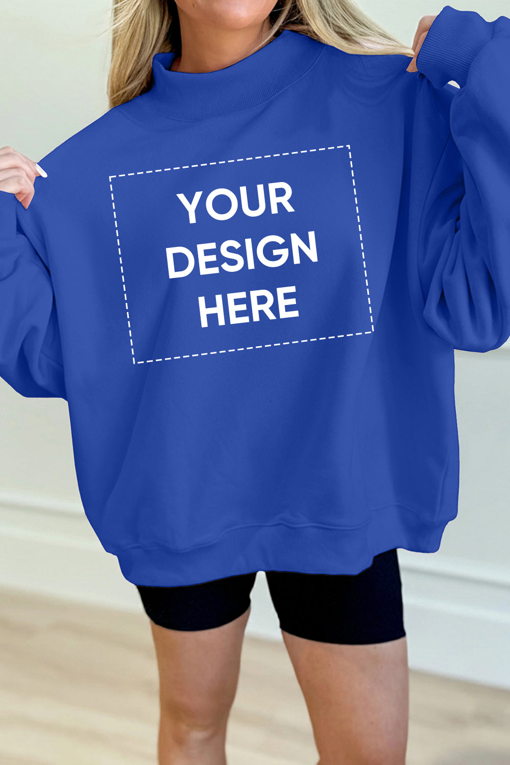 Dark Blue Solid Color Oversized Mock Neck Sweatshirt