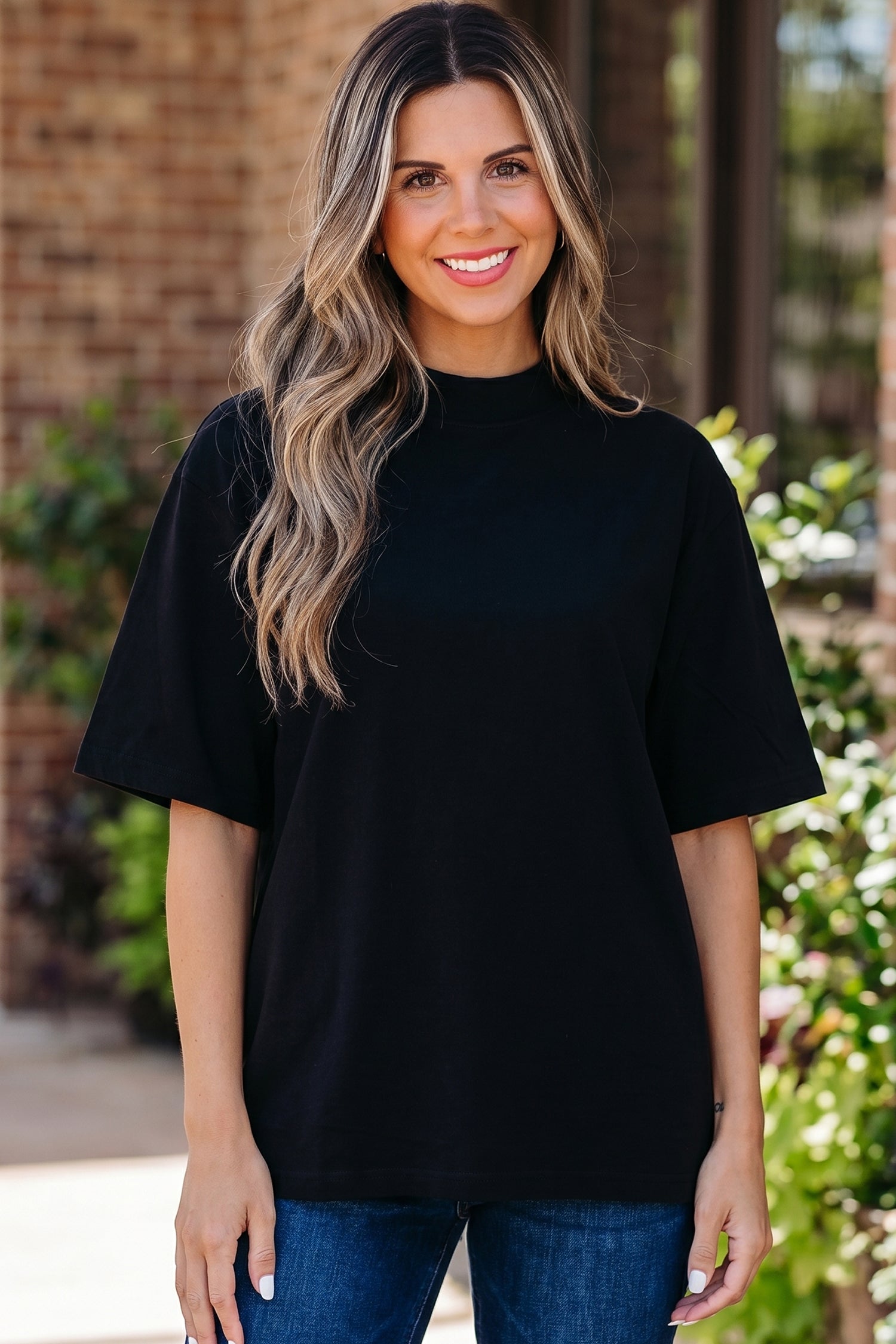 Black Solid Color High Neck Oversize Tee