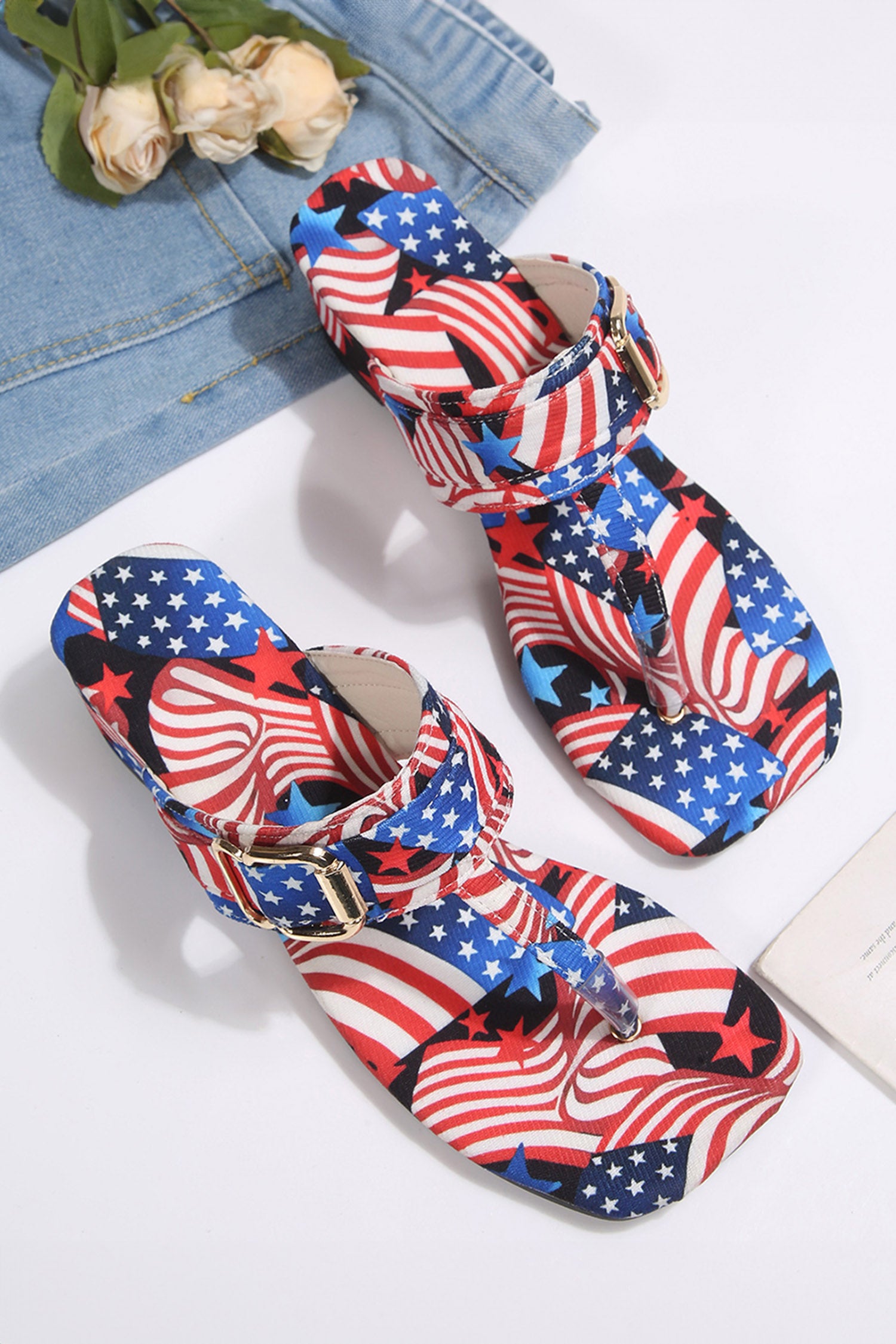 Fiery Red 4.5cm Wedge Heel Patriotic Flag Print Casual Summer Flop Flops
