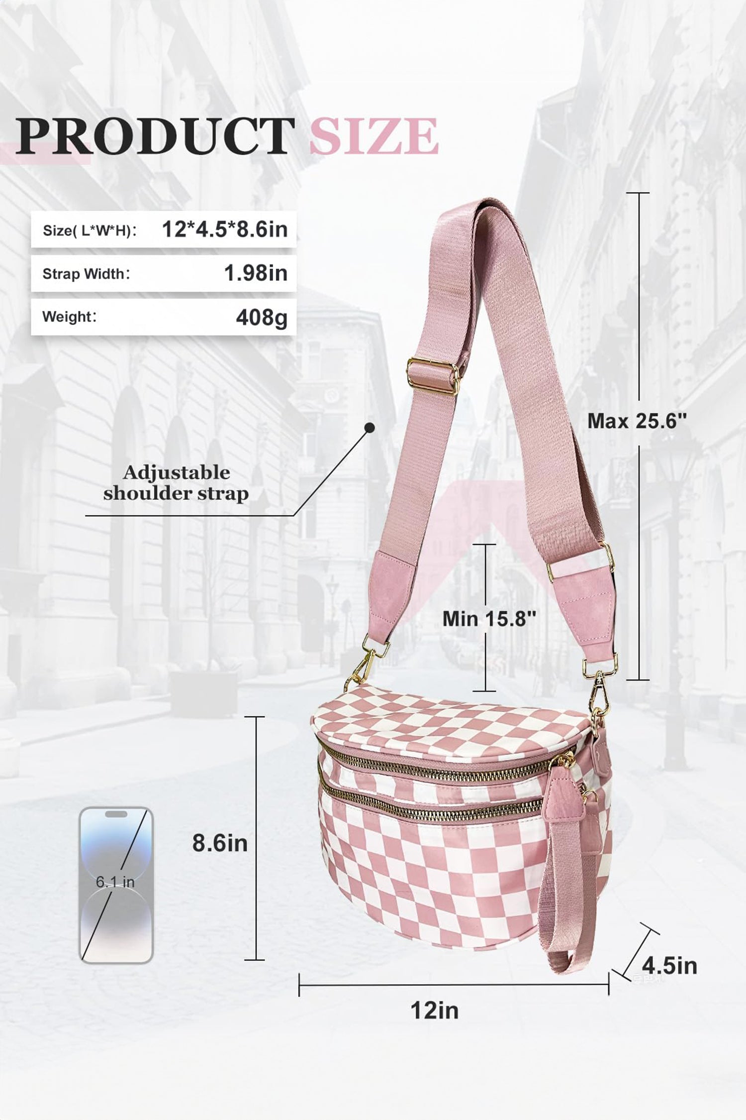 Pink Checkered Print Wide Strap Large Crossbody Bag