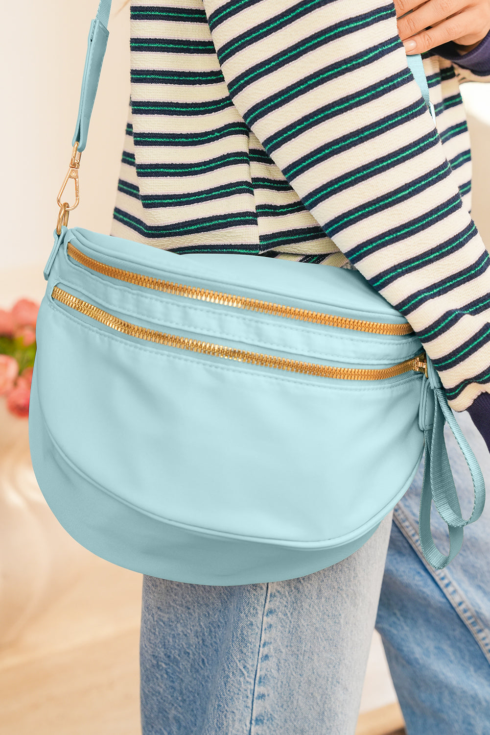 Light Blue Double Zip Crescent Shape Adjustable Sling Bag