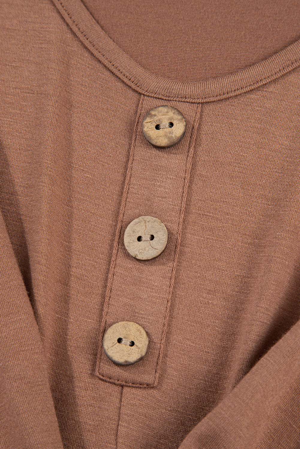 Chestnut Shirred Cuff Long Sleeve Button Round Neck Mini Dress