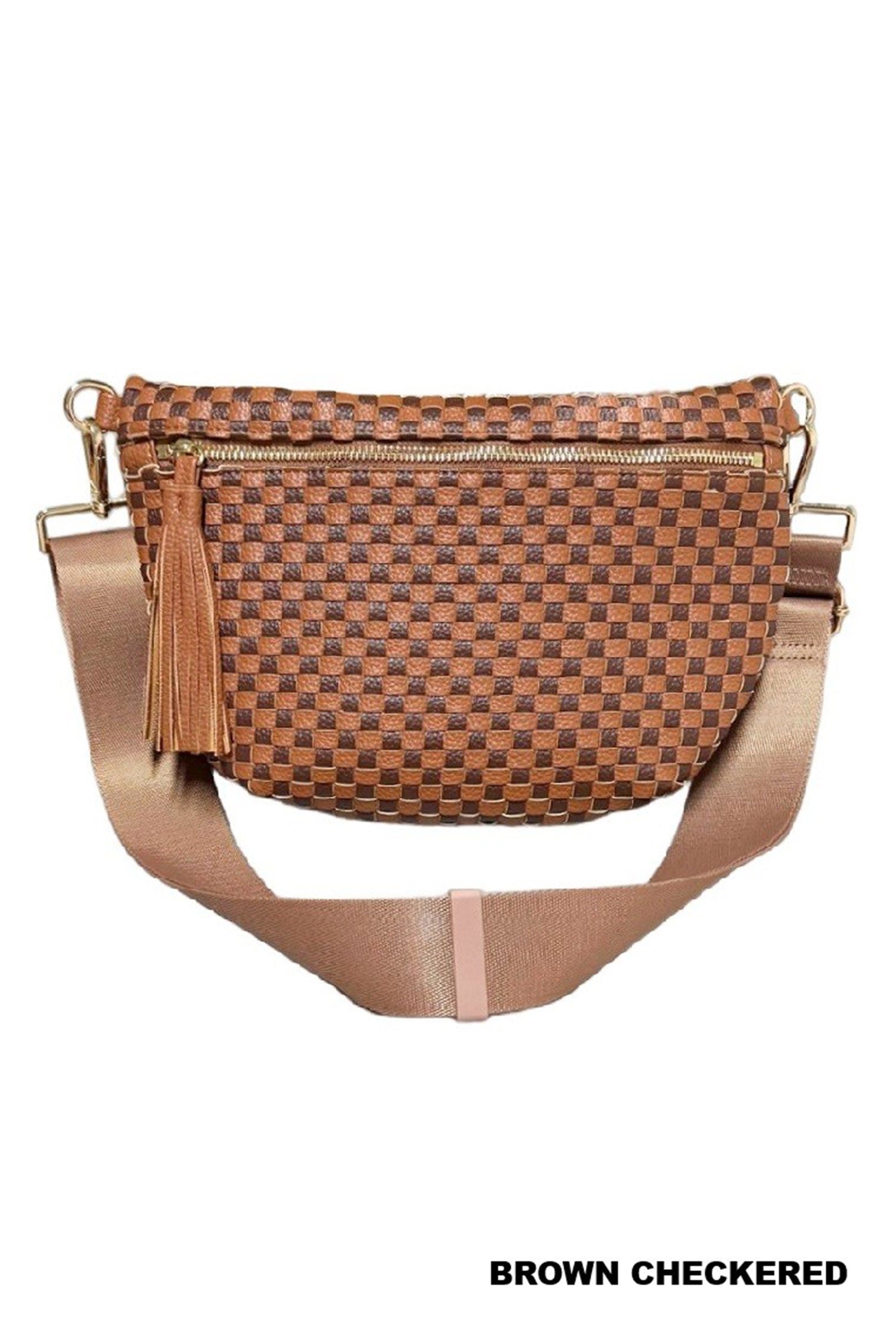 Clay Checkered Woven PU Leather Crossbody Bag Adjustable Strap Large Size
