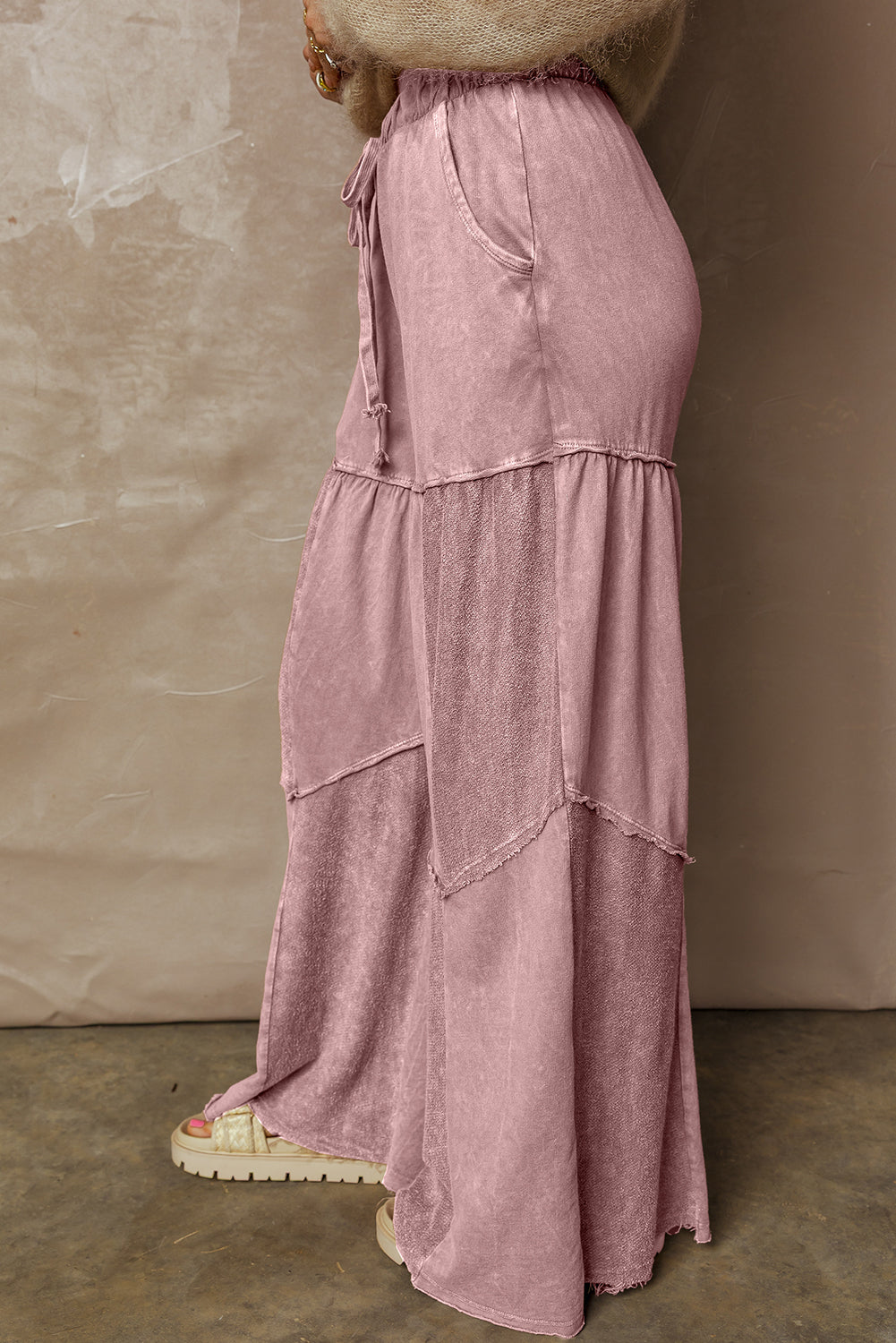 Careys Mineral Wash Tiered Wide Leg Patchwork Drawstring Pants