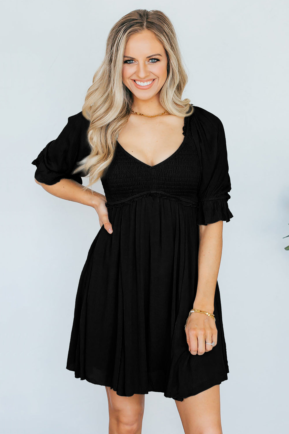 Black Short Sleeve Shirred Waist V-Neck Textured Mini Dress