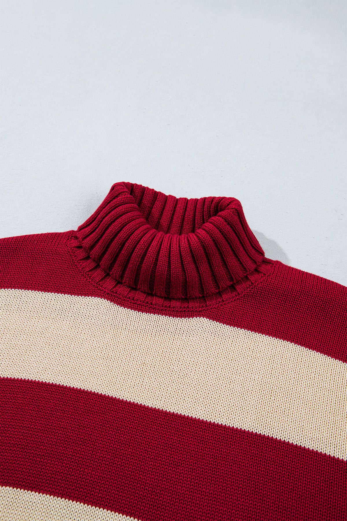 Red Stripe Ribbed Trim High Neck Relaxed Pullover Sweater