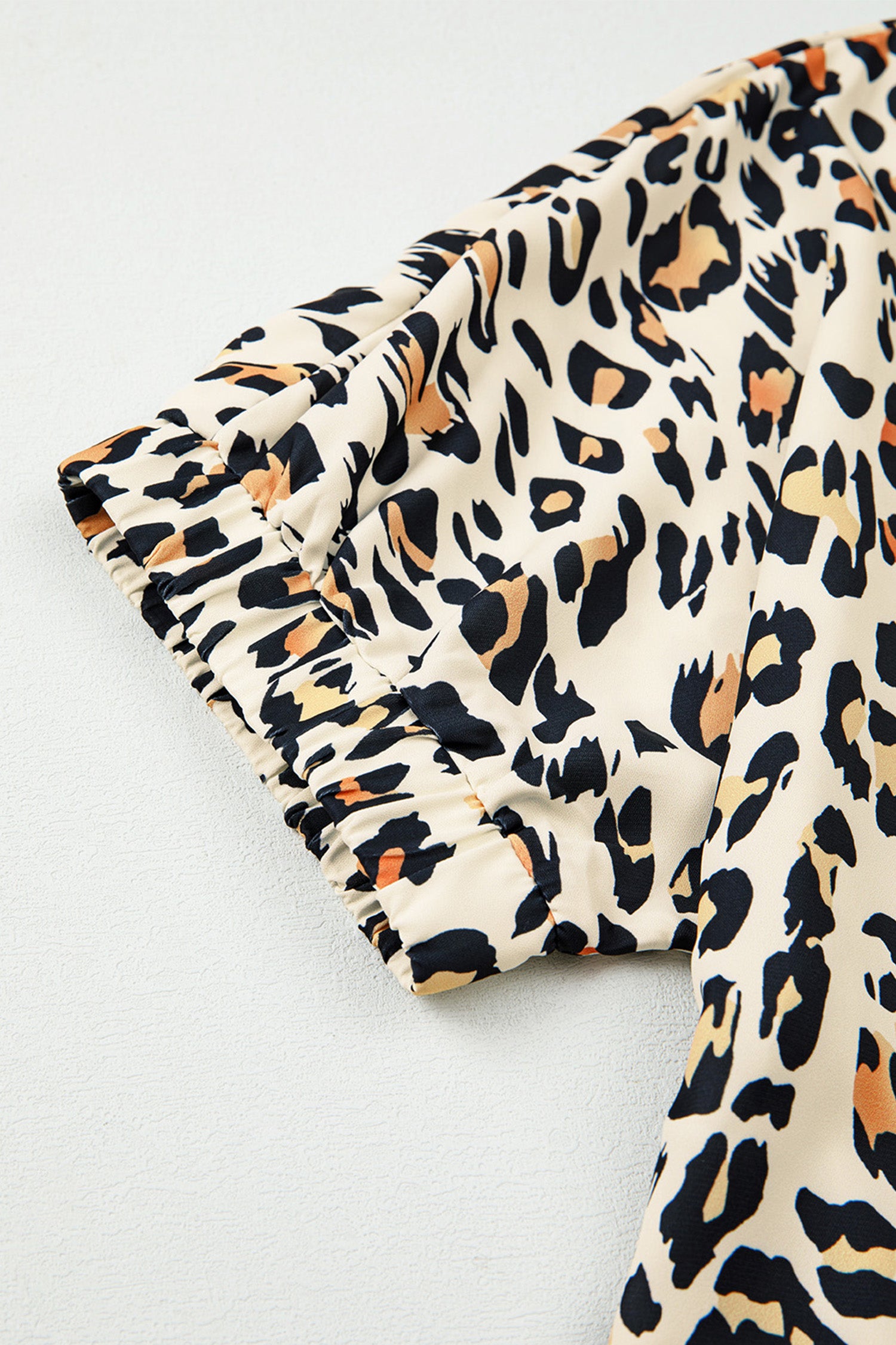 Khaki Leopard Color Block Contrast Striped V Neck Half Sleeve Loose Fit Blouse
