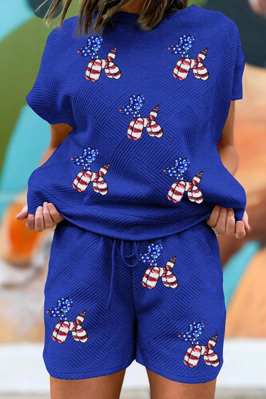 Dark Blue Stylish Textured Sequin Balloon Dog Patriotic Short Set