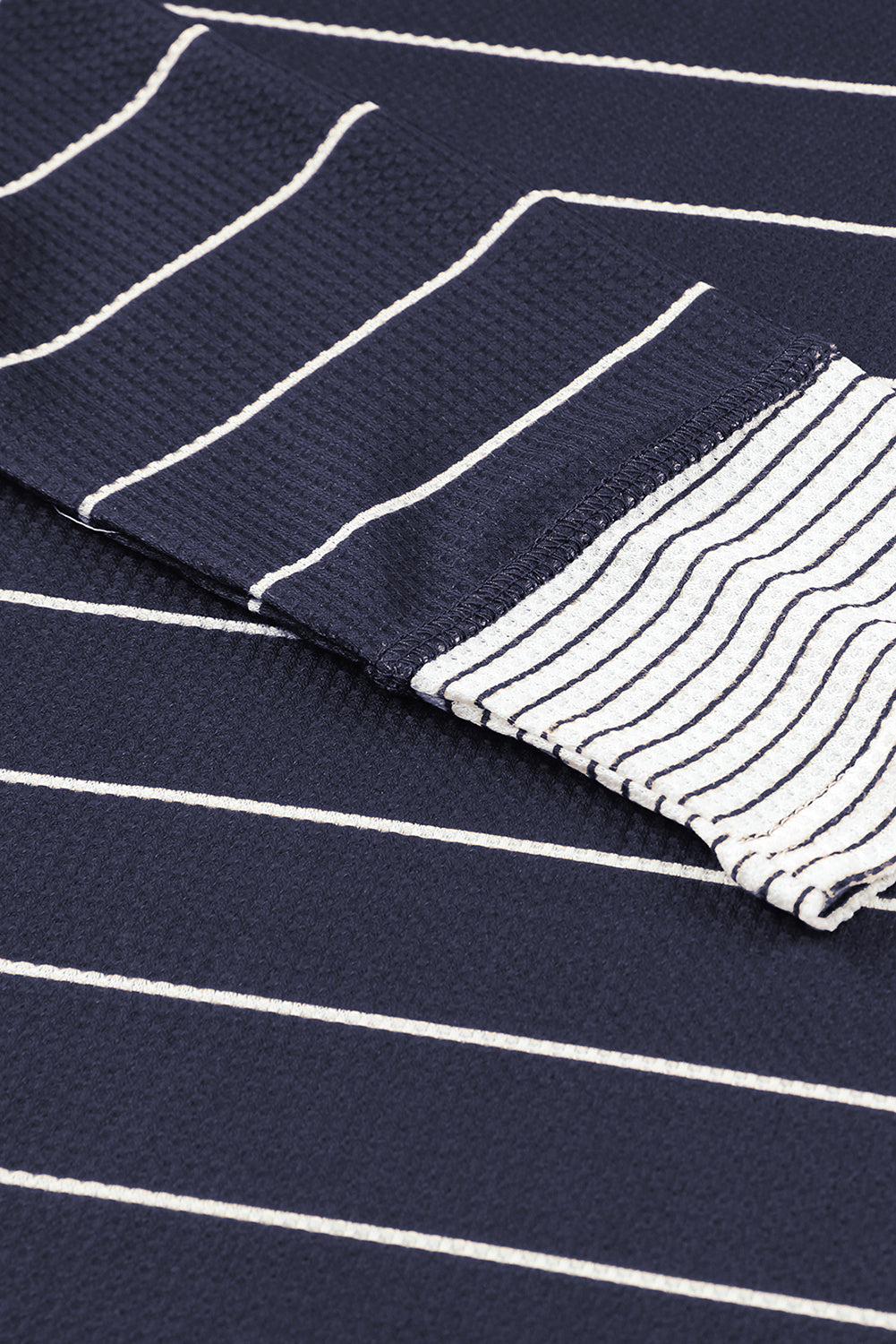 Navy Blue Striped Buttoned Henley Waffle Knit Top