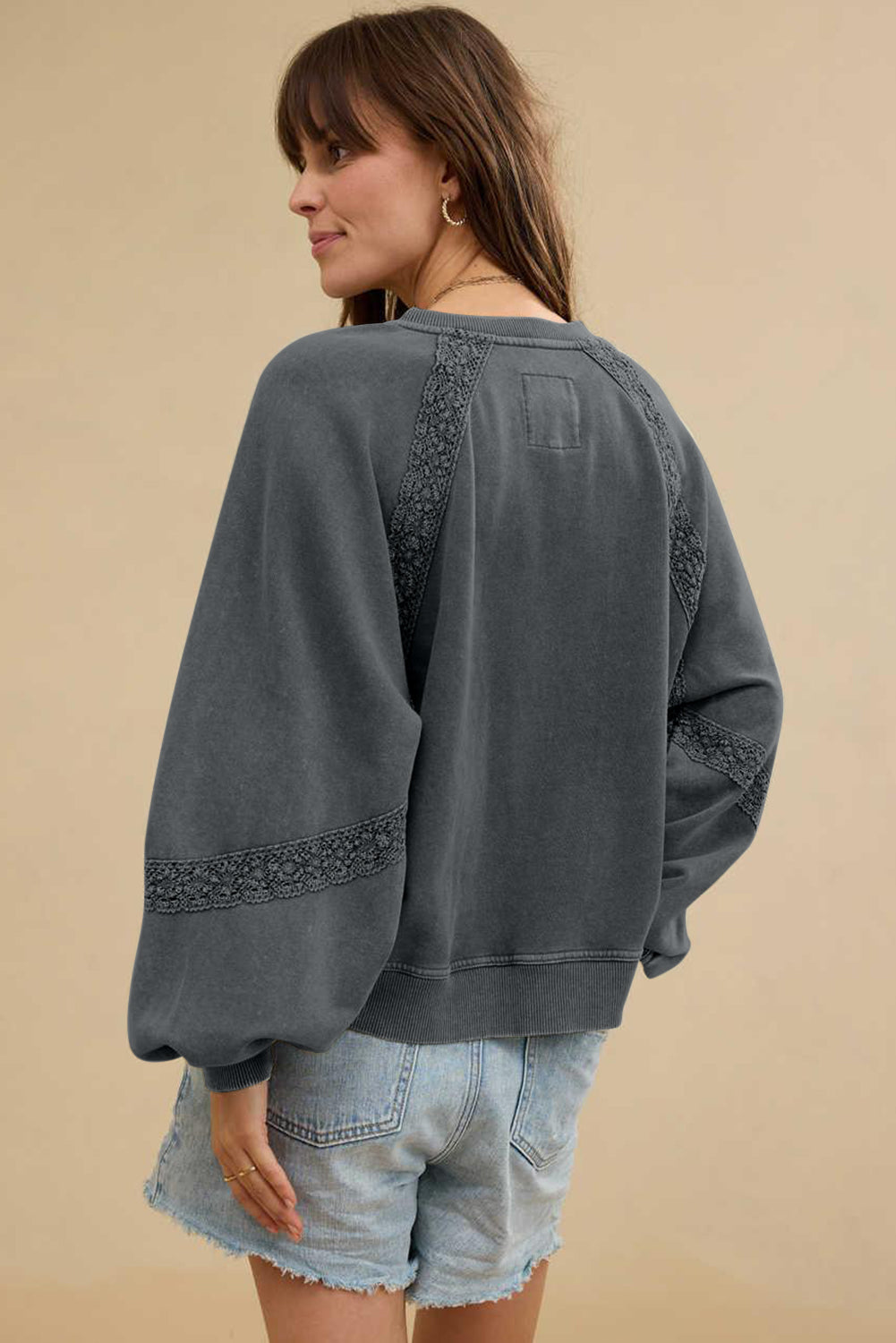 Gray Lace Patchwork Detail Notched Neck Mineral Wash Sweatshirt