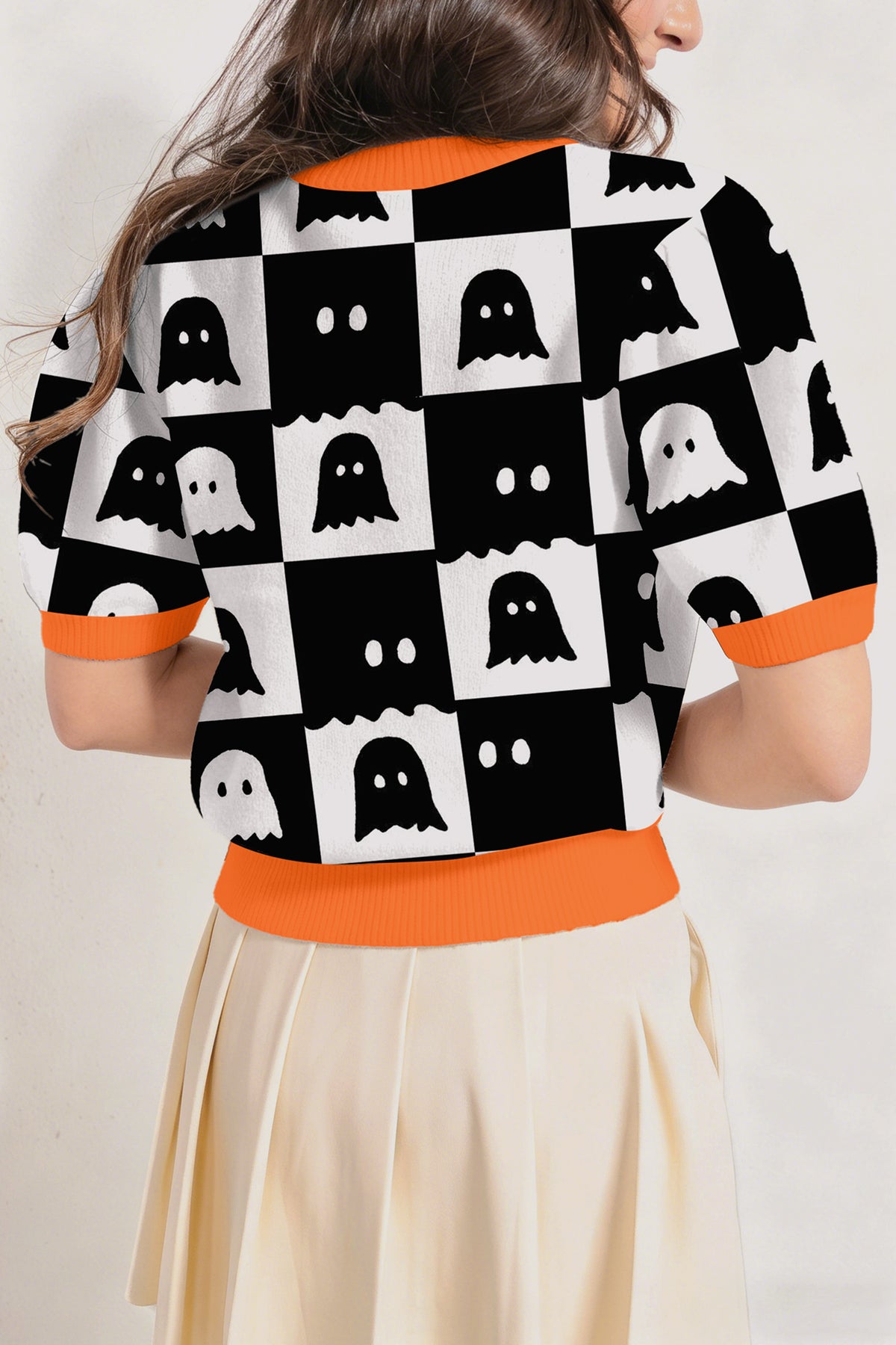 White Geometric Ghost Color Block Trim Short Sleeve Knit Sweater