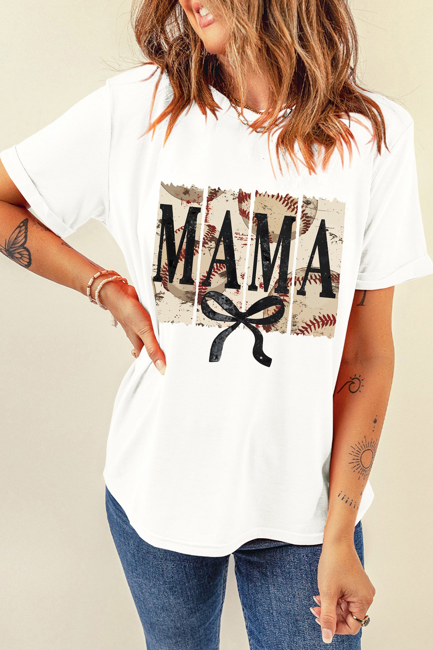 White MAMA Bow Retro Baseball Printed Tee
