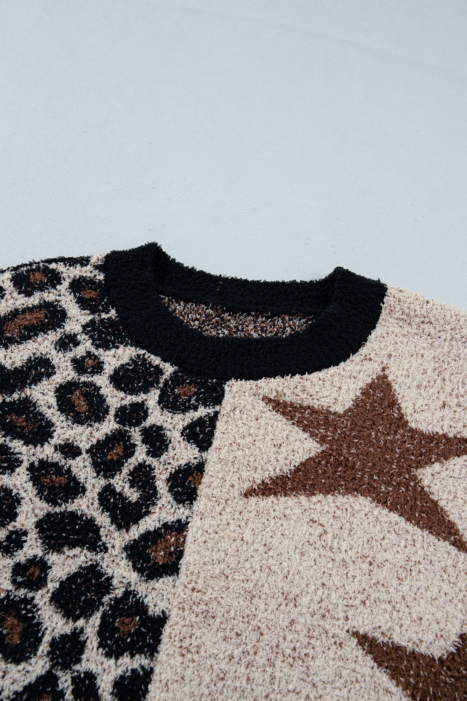 Smoke Gray Leopard Star Pattern Round Neck Long Sleeve Shift Sweater