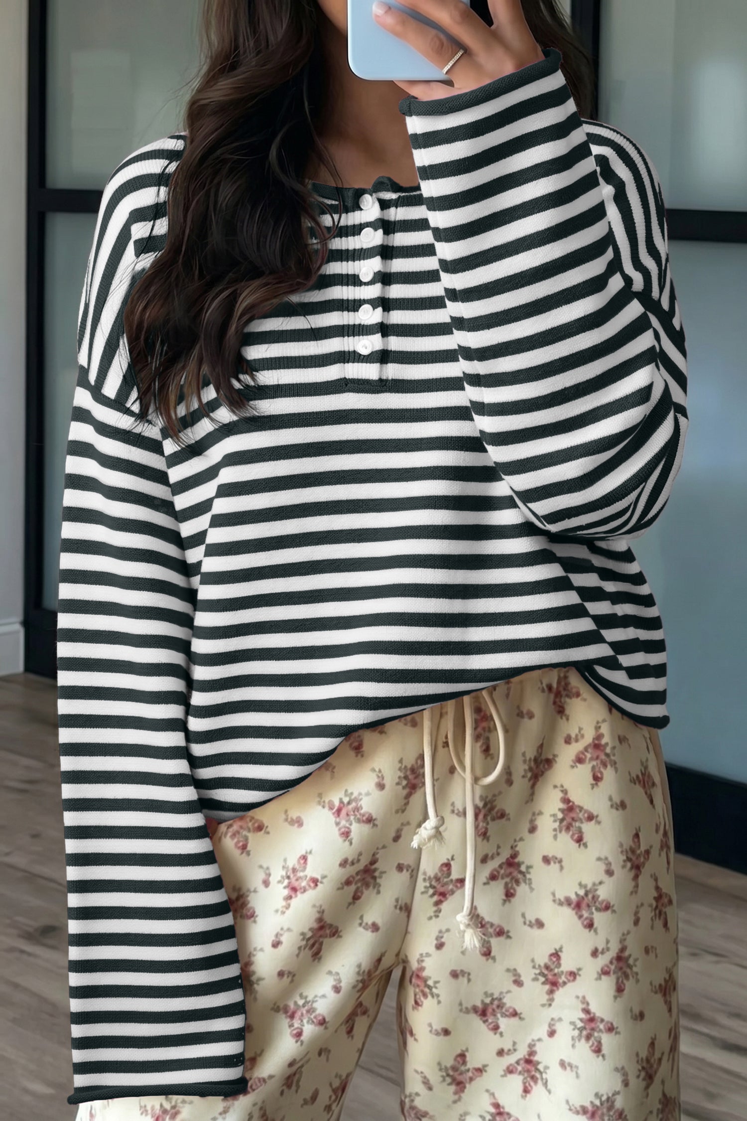 Green Stripe Striped Button Placket Drop Shoulder Long Sleeve Sweater