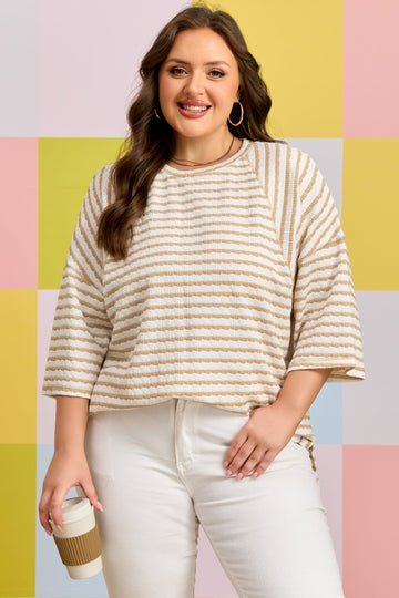 Apricot Stripe Plus Size Textured Patchwork Detail Half Sleeve Top