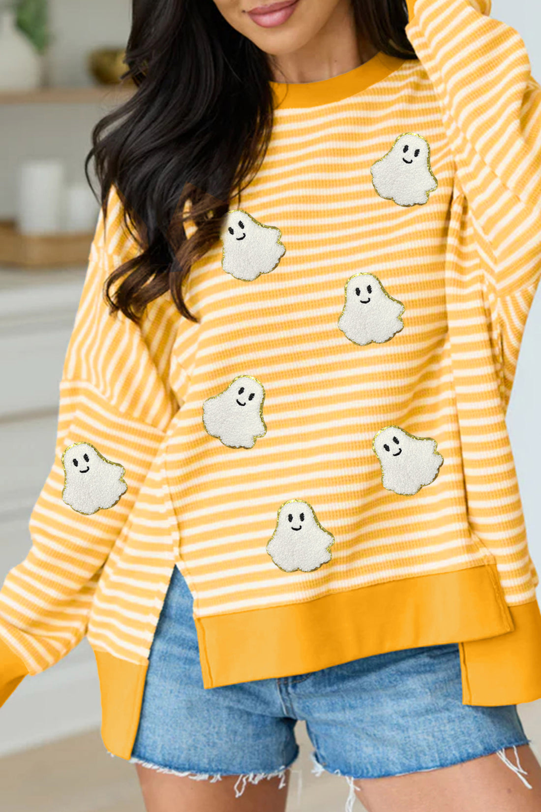 Khaki Stripe Halloween Ghost Patch Round Neck Long Sleeve Top