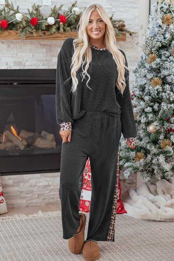 Carbon Grey Twisted Rib Texture Leopard Patchwork Detail 2pcs Pant Set