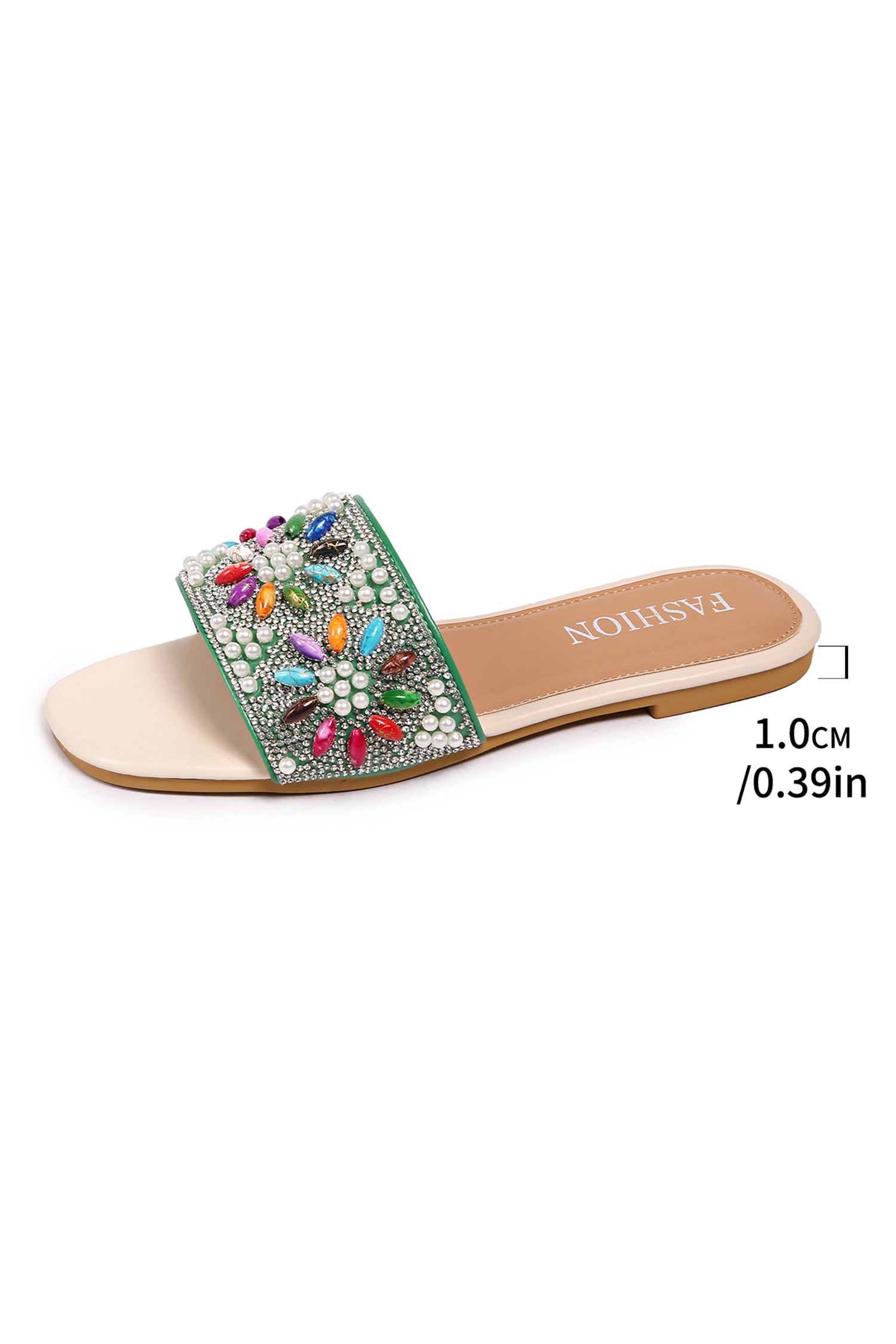 Dark Green Rhinestone Pearl Decoration Square Head Beach Slippers