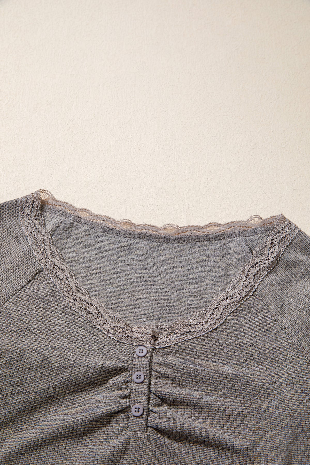 Medium Grey Solid Color Ribbed Lace Trim V-Neck Button Detail Long Sleeve Top
