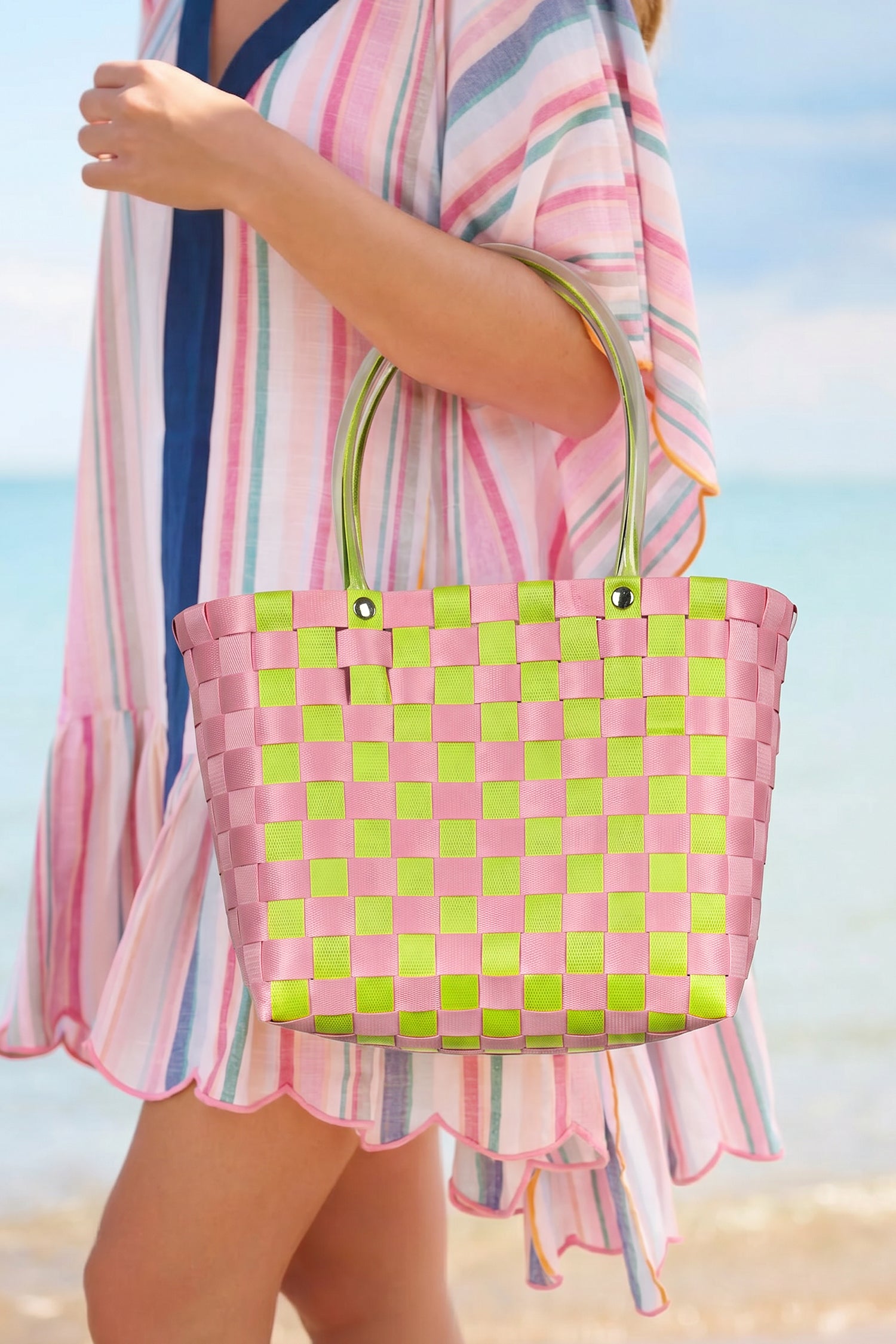Bright Pink Checkered Straw Woven PU Handles Tote Bag