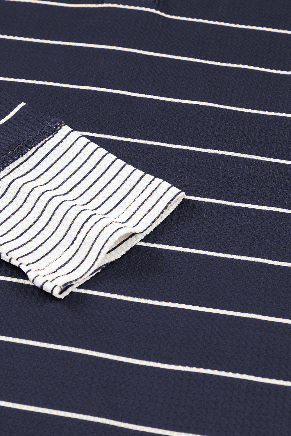 Navy Blue Striped Buttoned Henley Waffle Knit Top