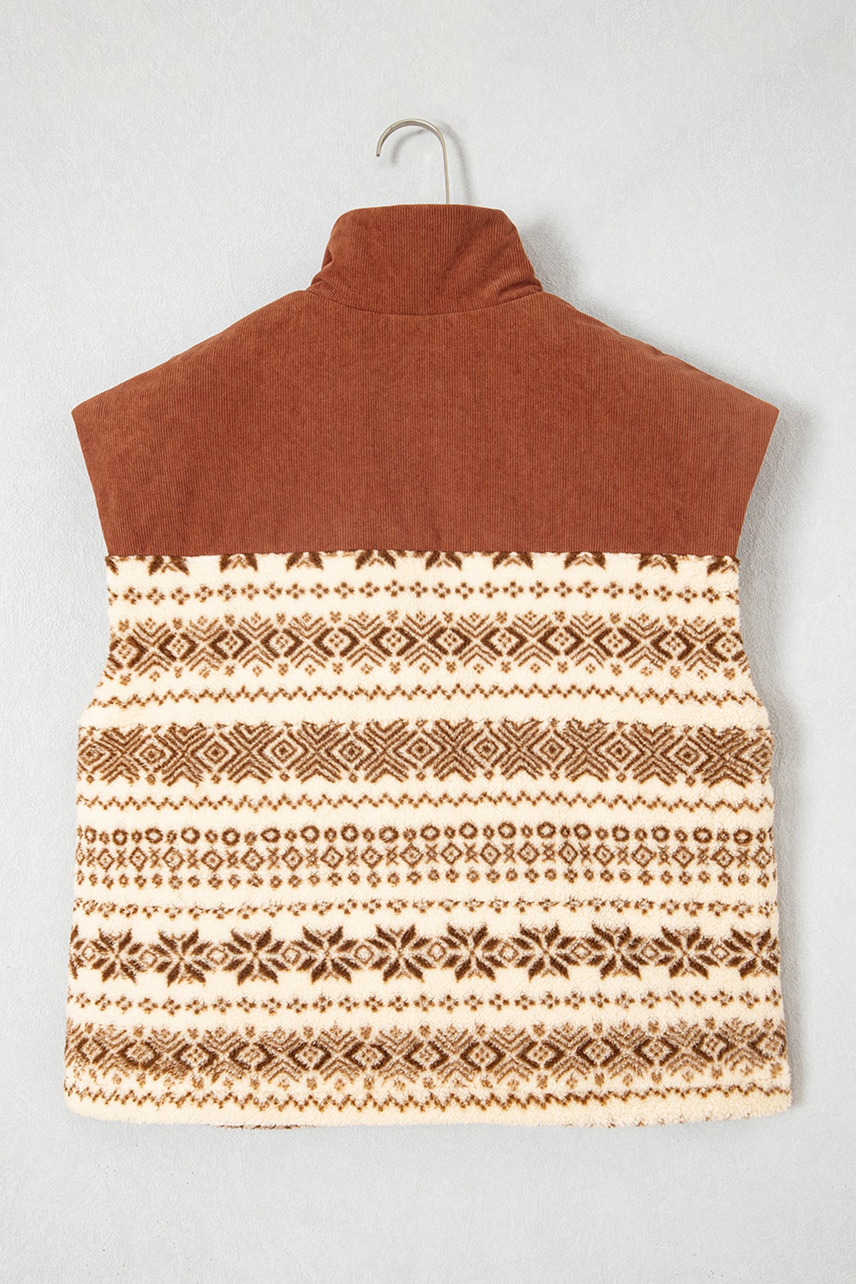 Brown Geometric Print Fleece Metal Zipper Collar Patchwork Design Vest