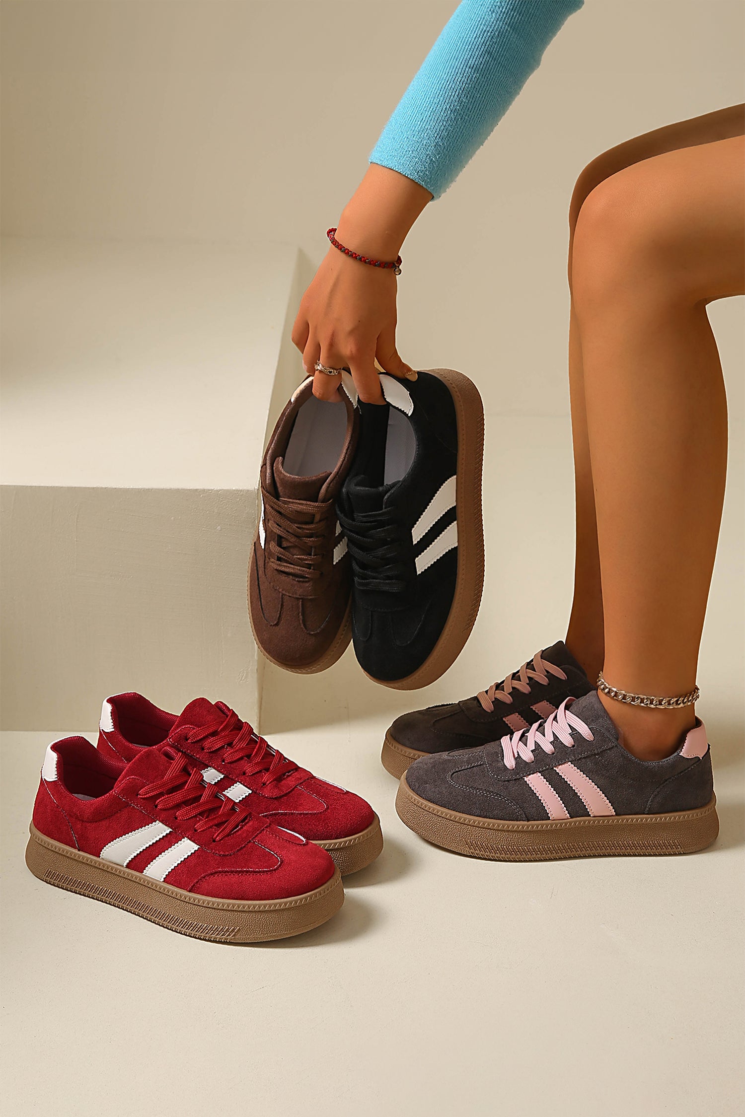 Fiery Red Contrast PU Leather Detail Lace Up Casual Shoes