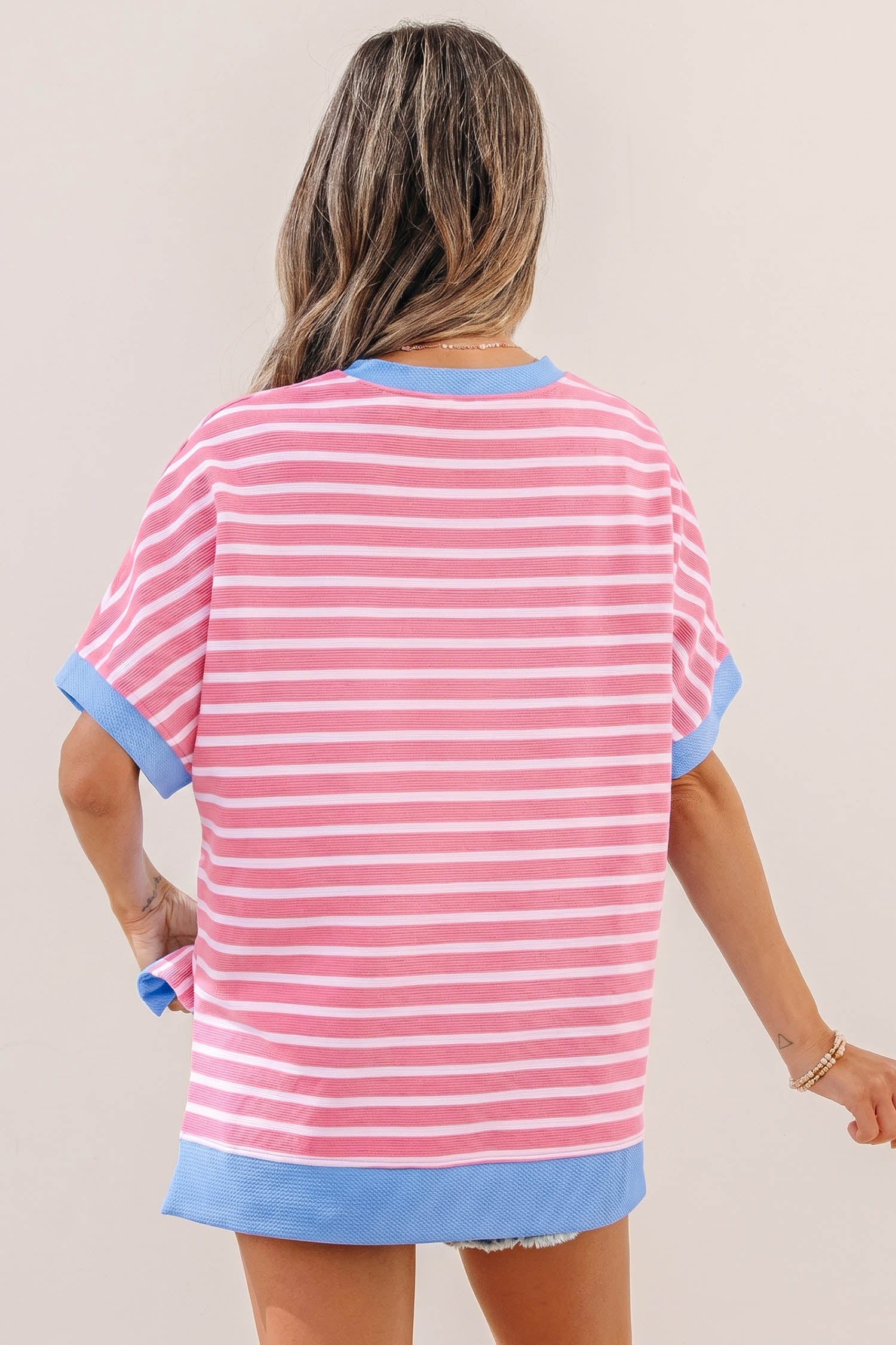 Pink Stripe Patriotic Sequin Patch Short Sleeve Loose Top
