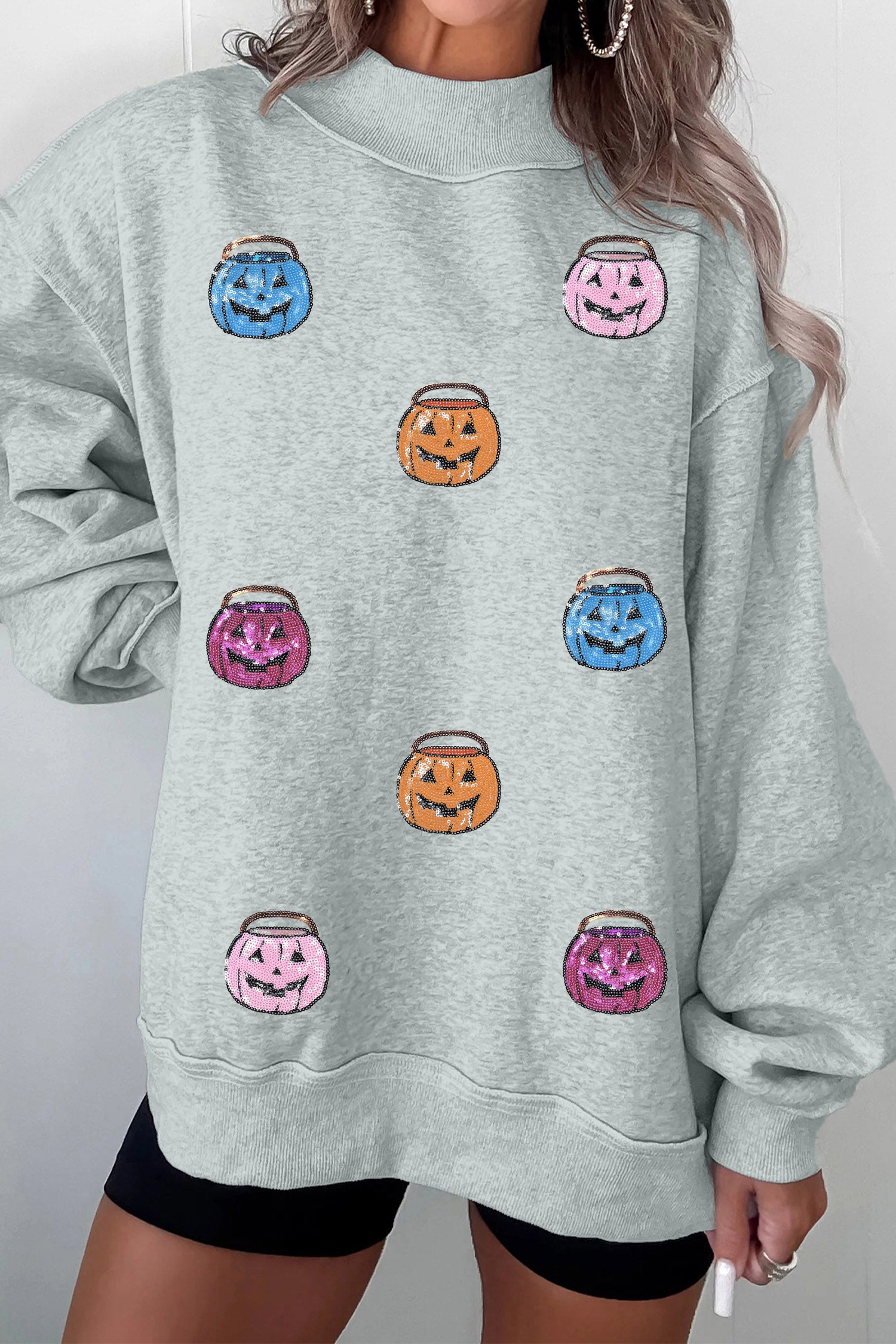 Gray Sequin Halloween Pumpkin Face Mock Neck Sweatshirt