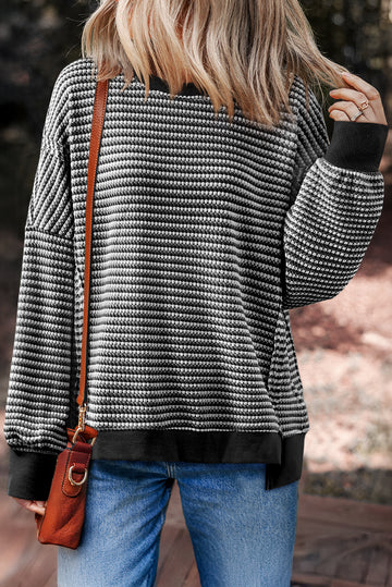 Black Stripe Ribbed Trim Drop Shoulder Long Sleeve Oversize Top