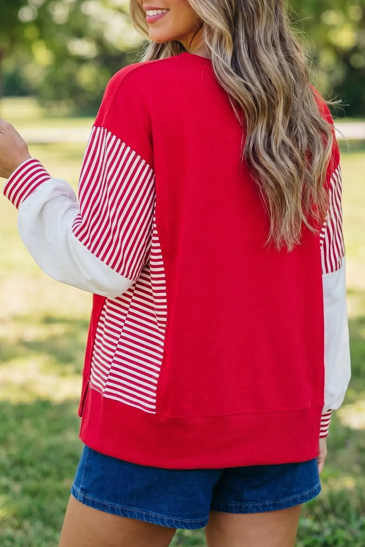 Fiery Red Striped Color Block Sleeve Game Day Graphic Pullover Sweatshirt