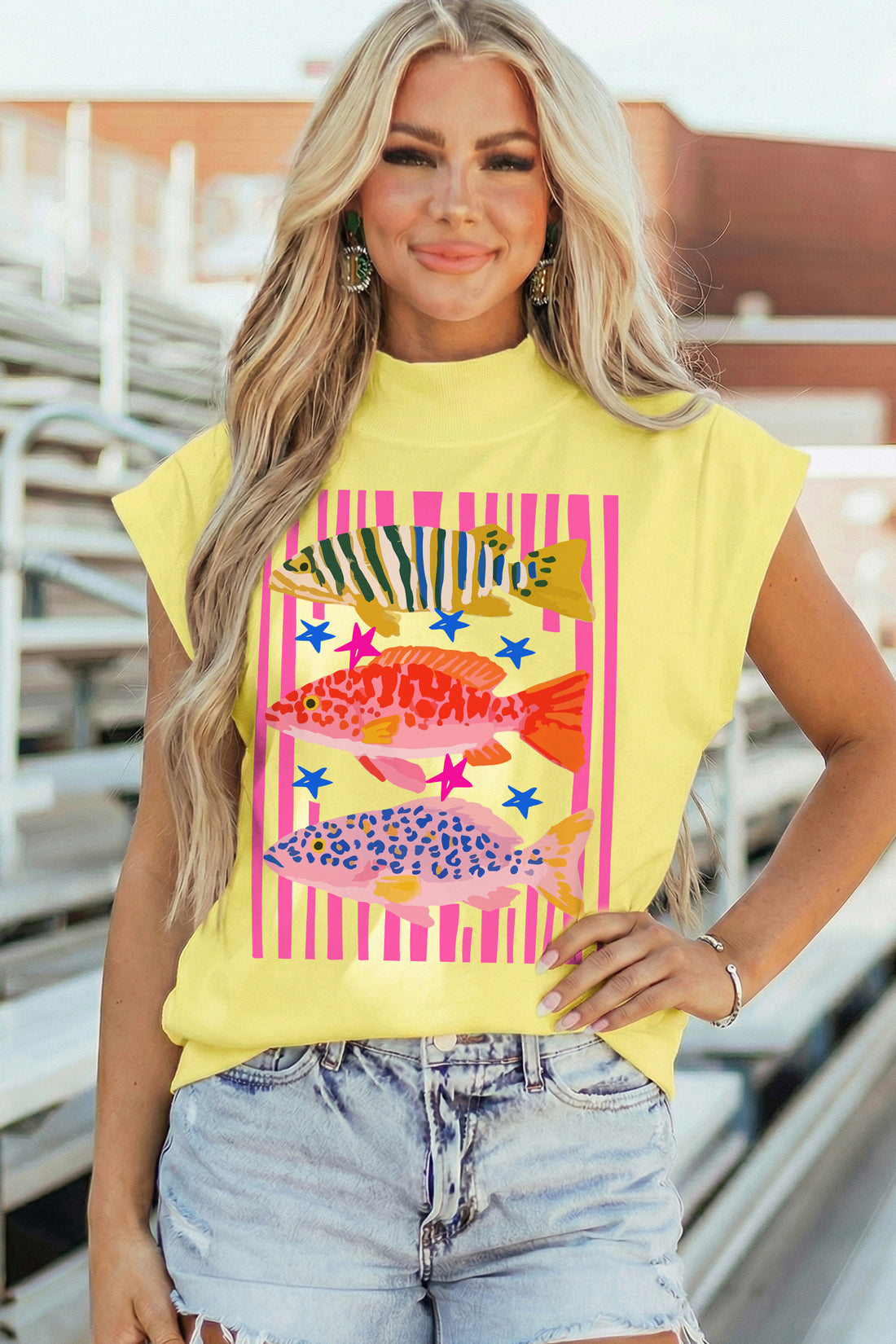 Yellow Vibrant Fishes Striped Pattern High Neck Short Sleeve Top