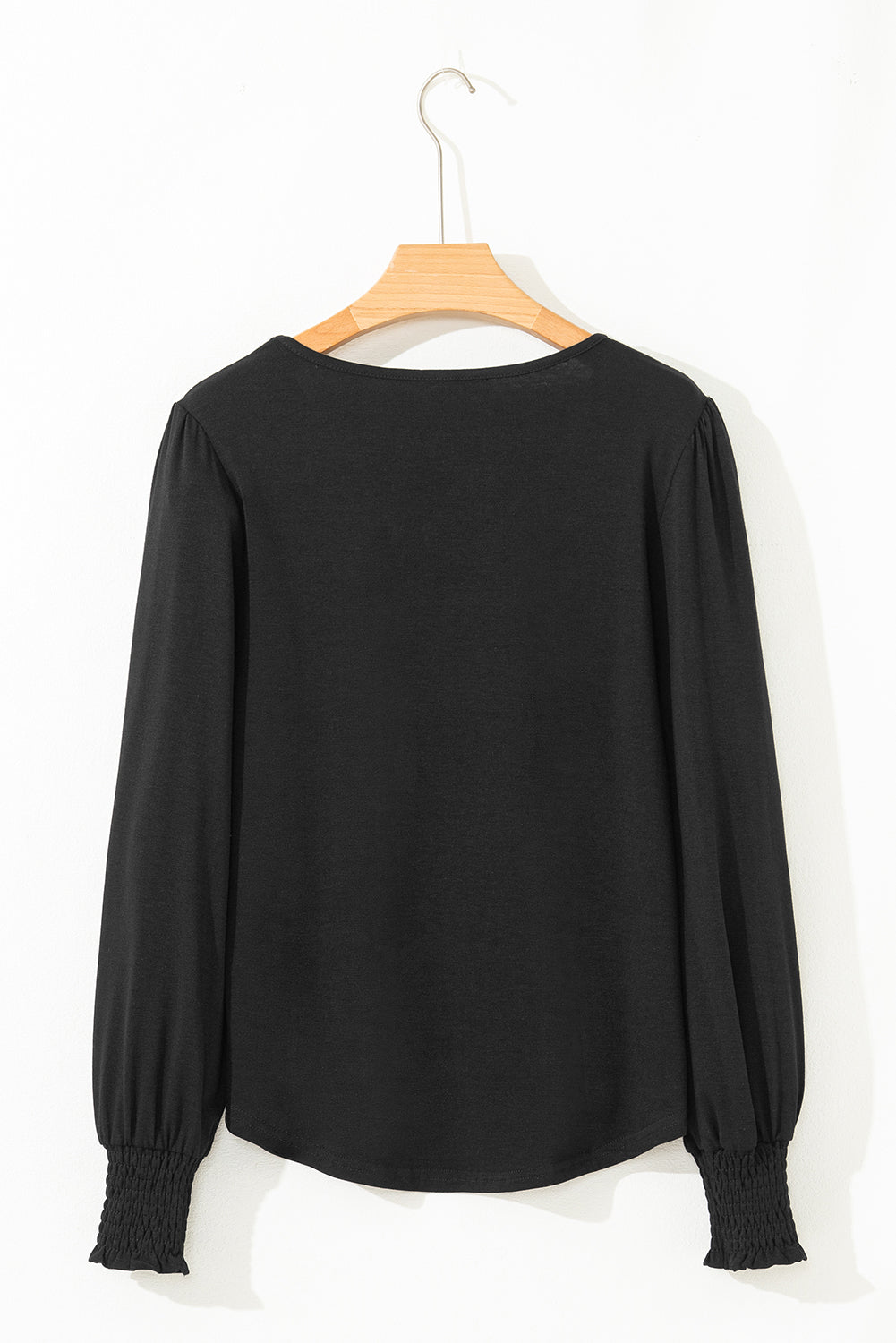 Black Shirred Shoulder Frilled Cuffs Long Sleeve Top