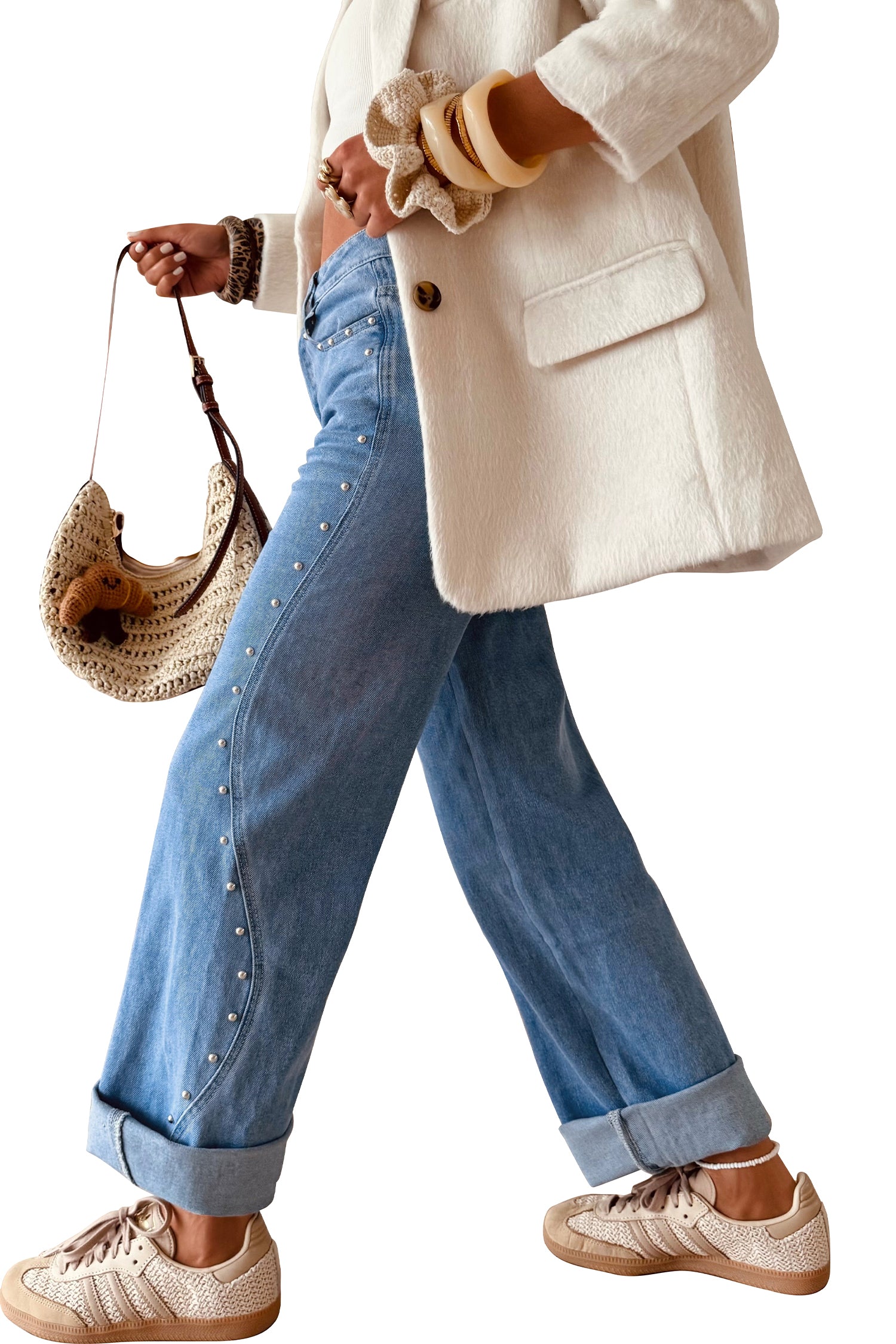 Dusk Blue Side Seam Rivet Detail Ankle Length Casual Jeans