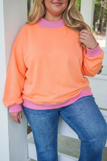 Grapefruit Orange Color Block Contrast Trim Plus Size Sweatshirt
