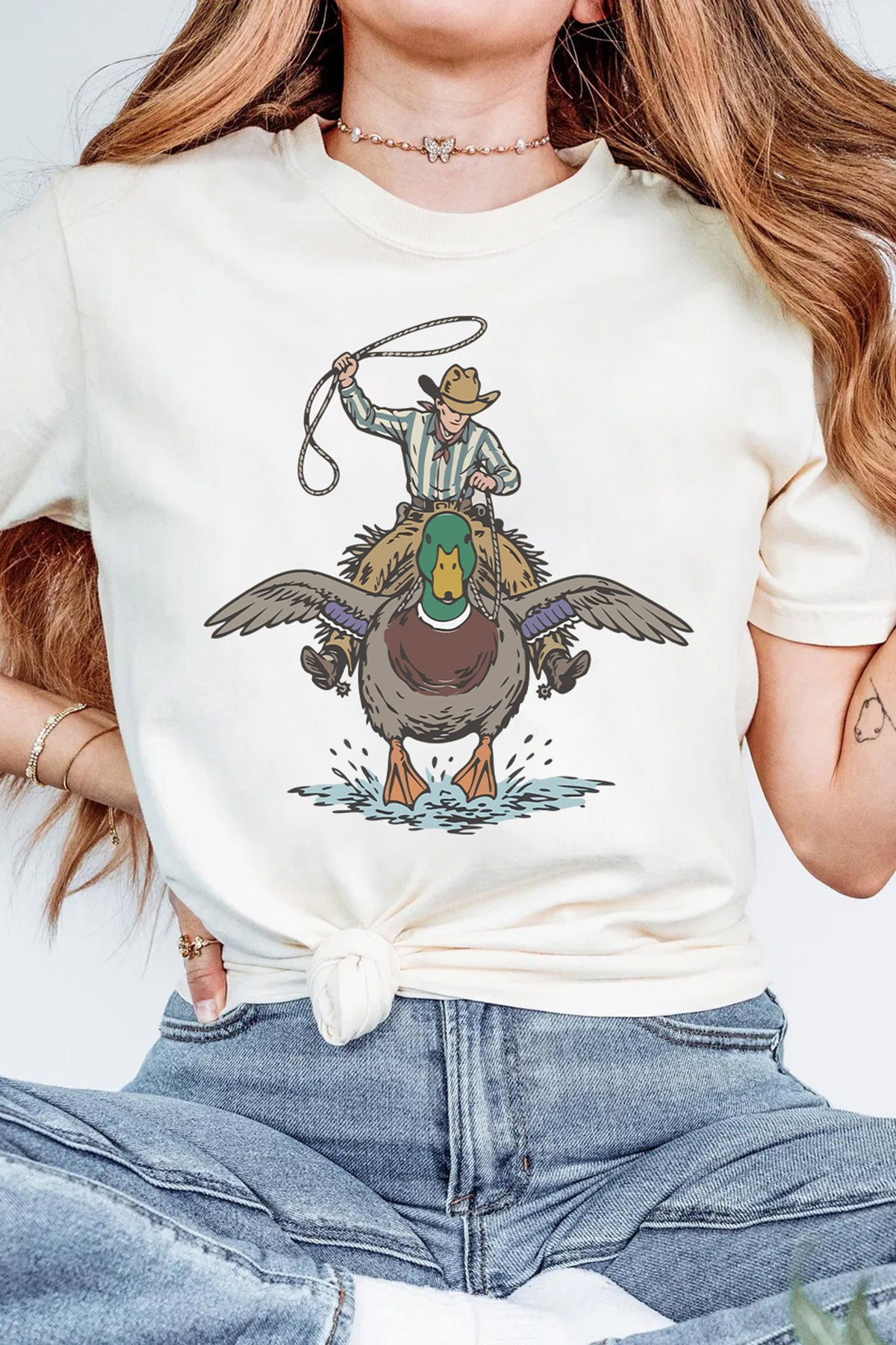 White Western Duck Print Casual Graphic Tee
