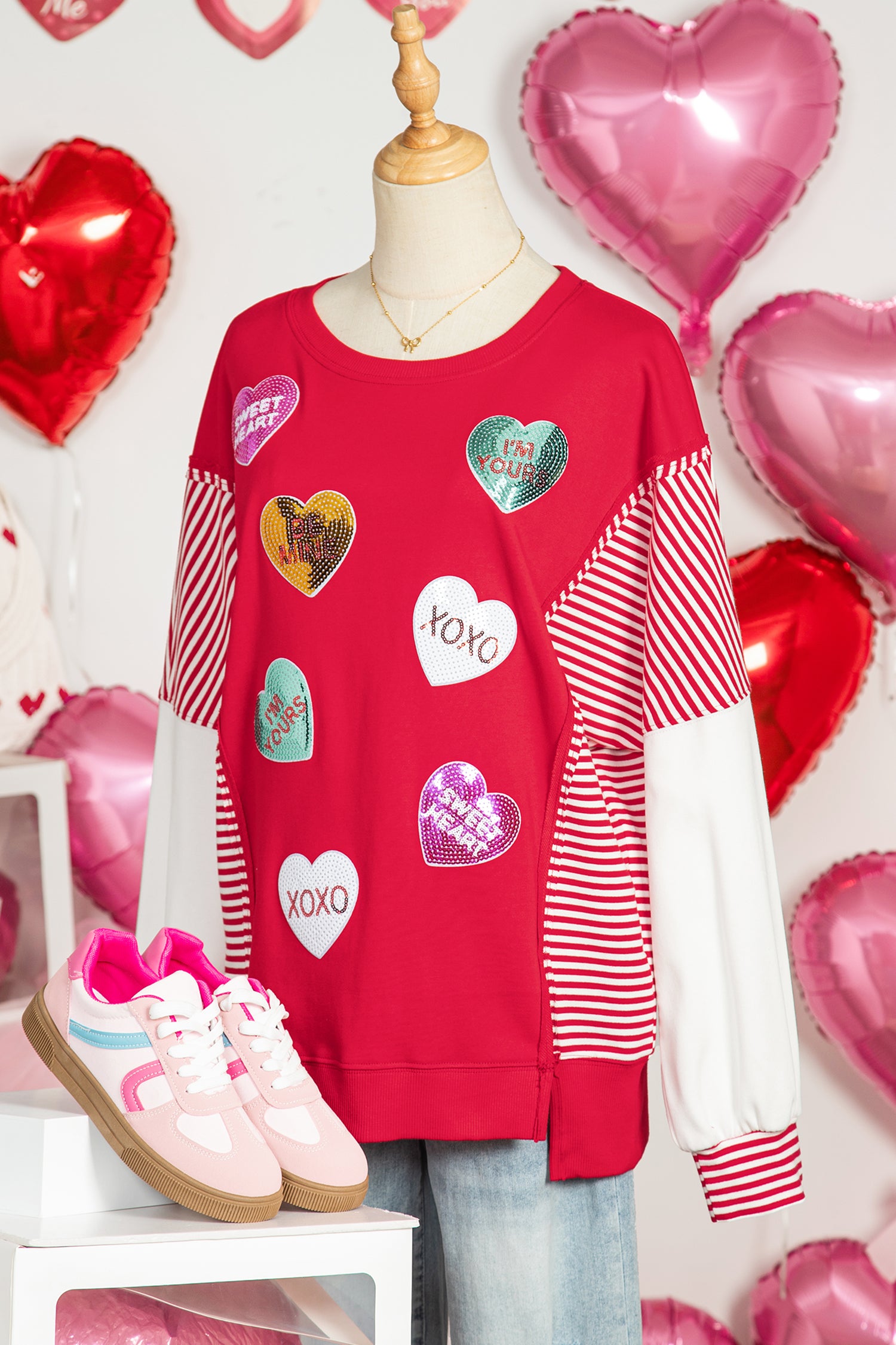 Fiery Red Valentines Day Slogan Sequin Heart Graphic Striped Color Block Patchwork Sweatshirt