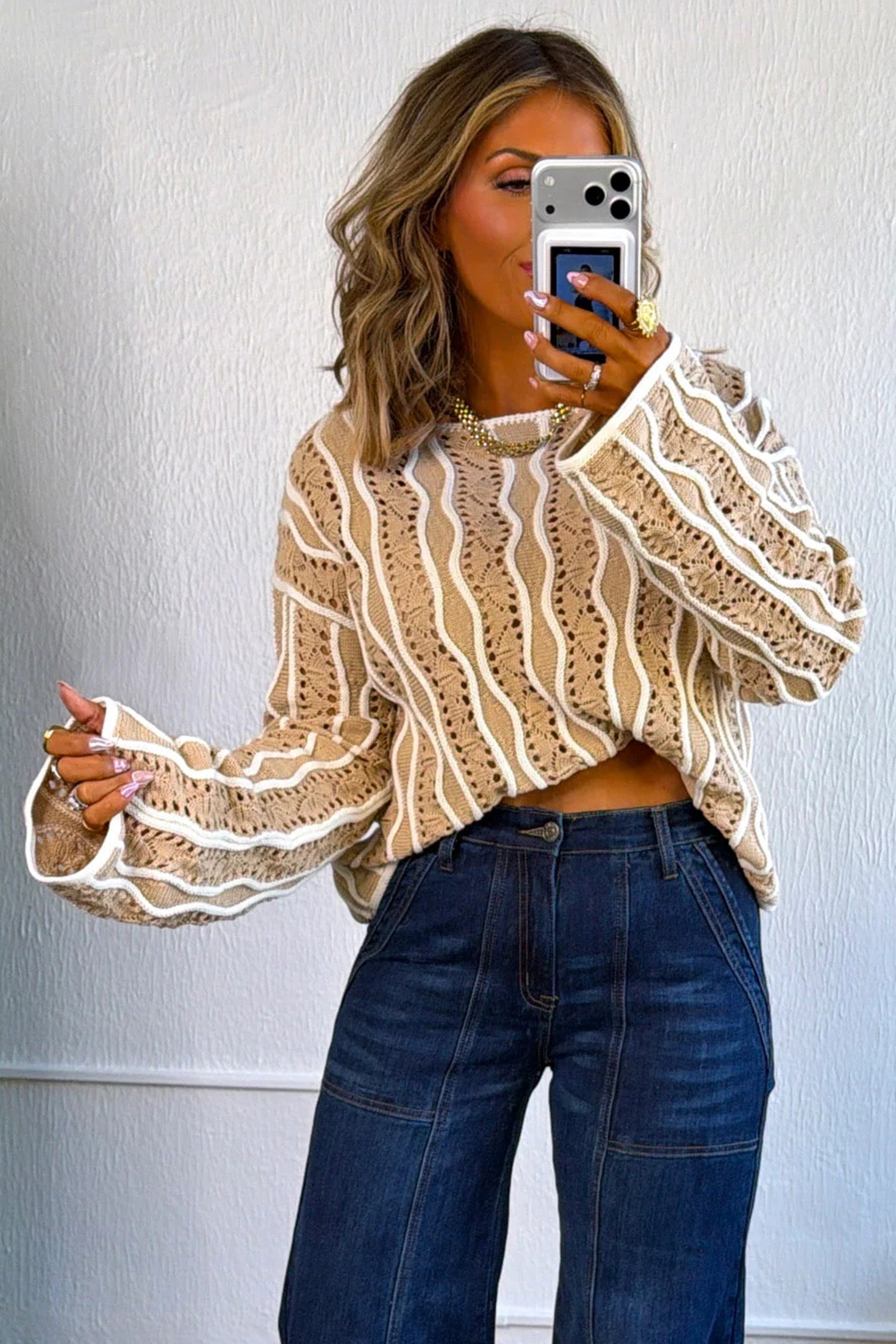 Khaki Wavy Detail Hollow Out Knit Long Sleeve Cotton Pullover Sweater