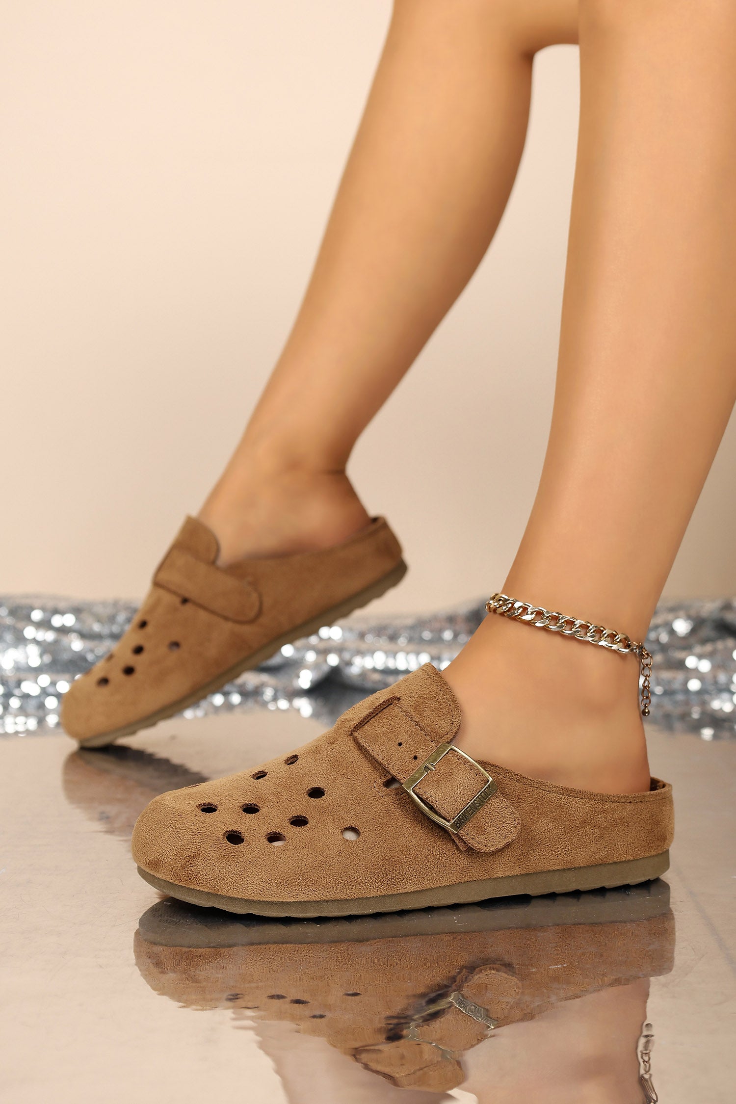 Coffee Faux Suede Retro Buckle Hollow Out Casual Mules Slippers