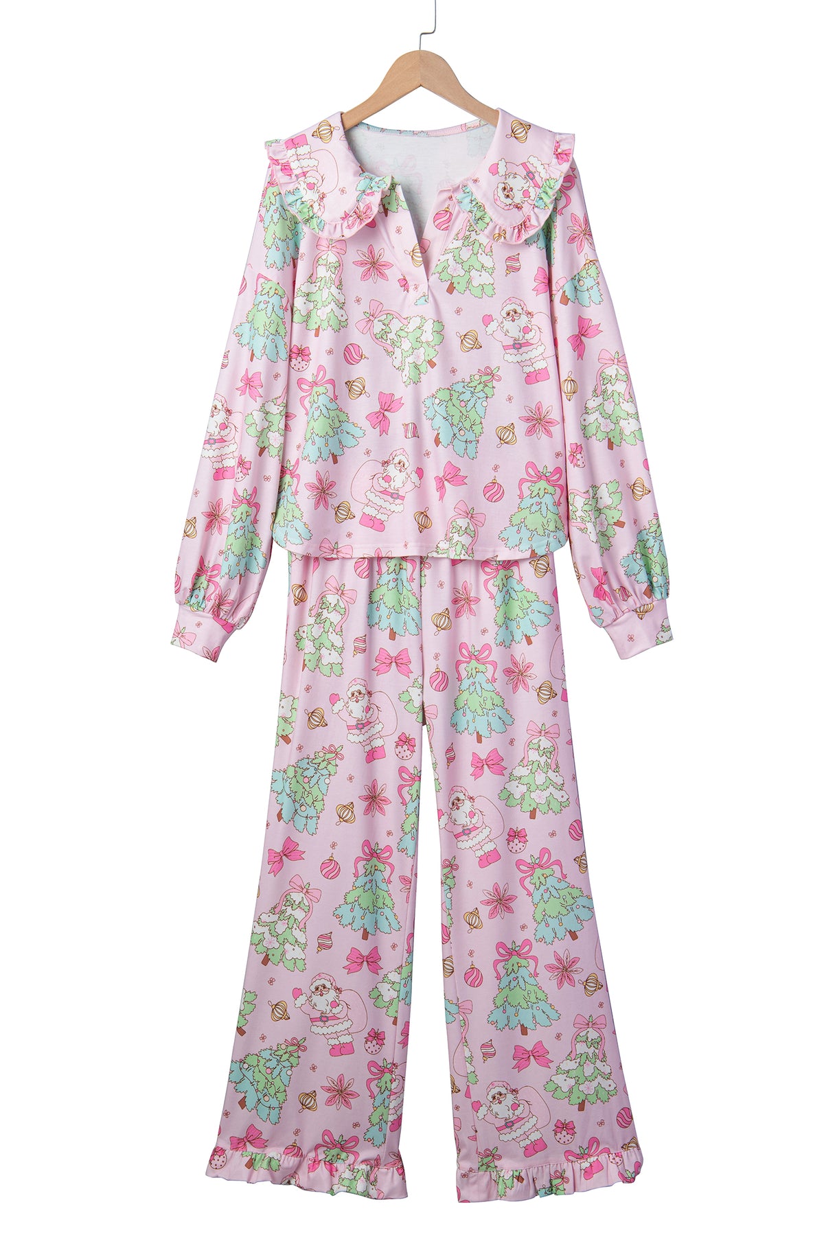 Pink Christmas Print Button Front Long Sleeve Lounge Set
