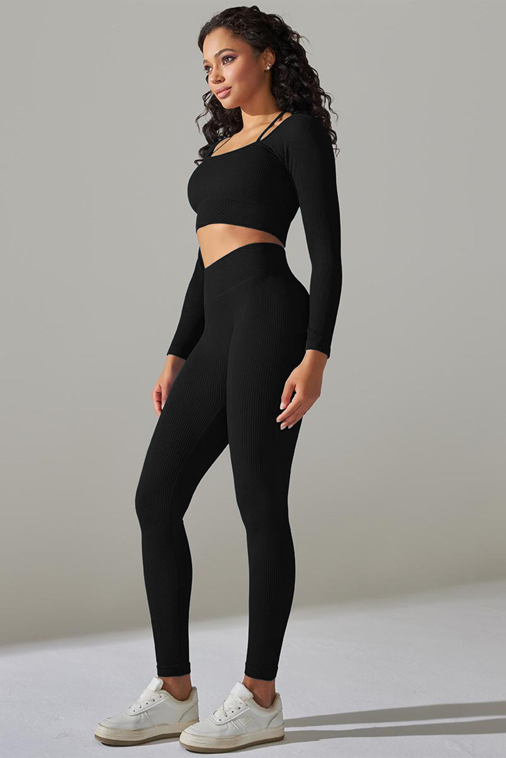 Black Ribbed Long Sleeve Strappy Square Neck 2pcs Yoga Set