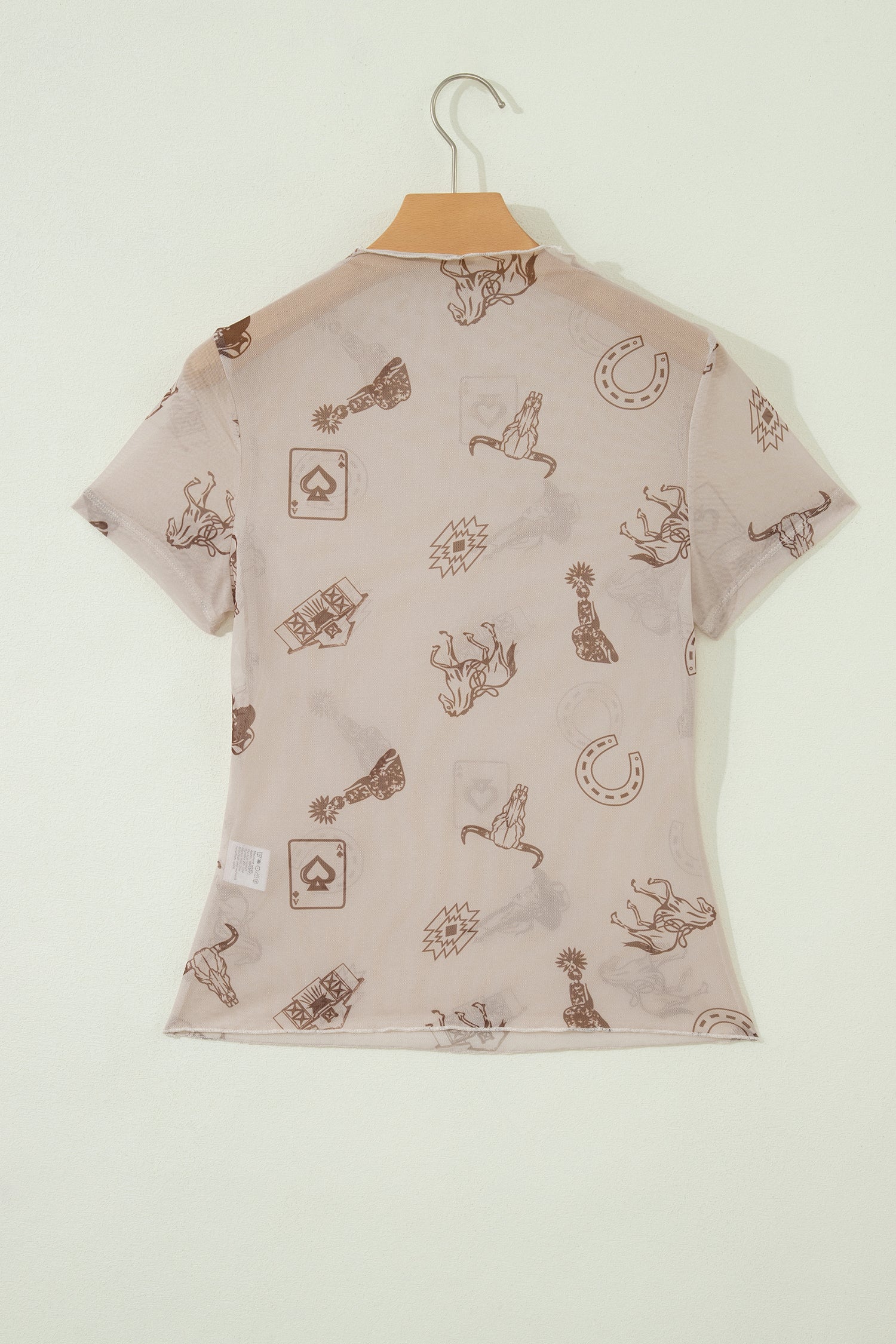 Oatmeal Western Printed Mesh Short Sleeve Top