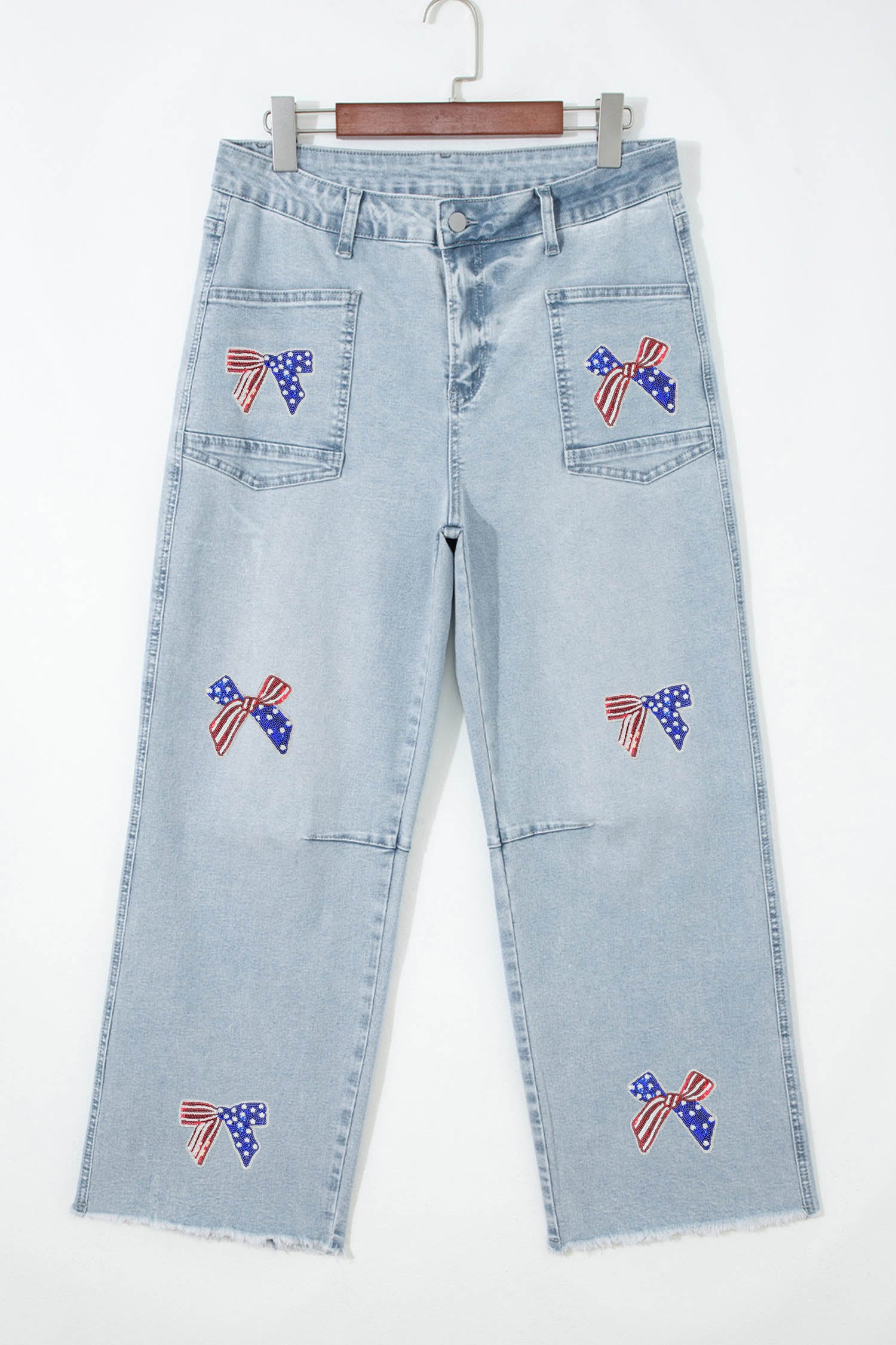 Beau Blue Patriotic Sequin Bow Patched Ankle-Length Shift Jeans