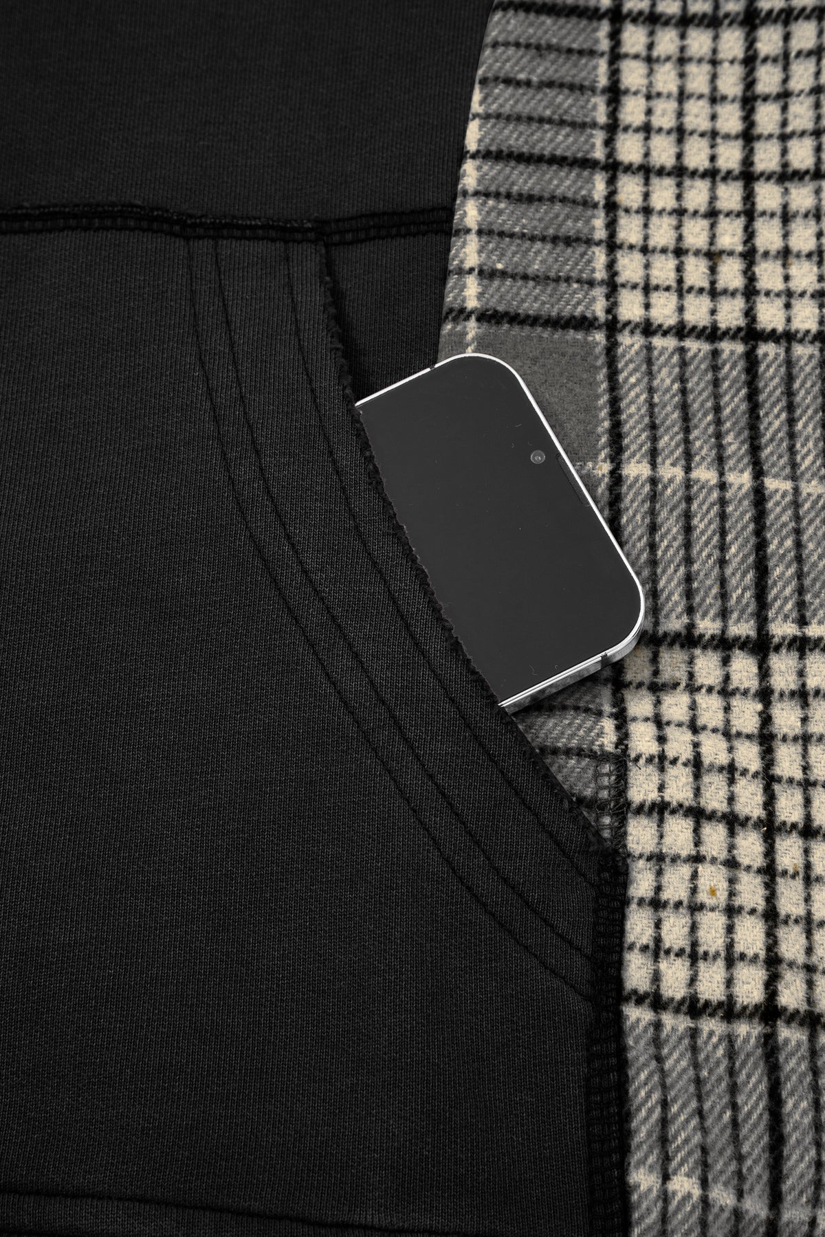 Black Plaid Sleeve Drawstring Pocket Hooded Sweatshirt