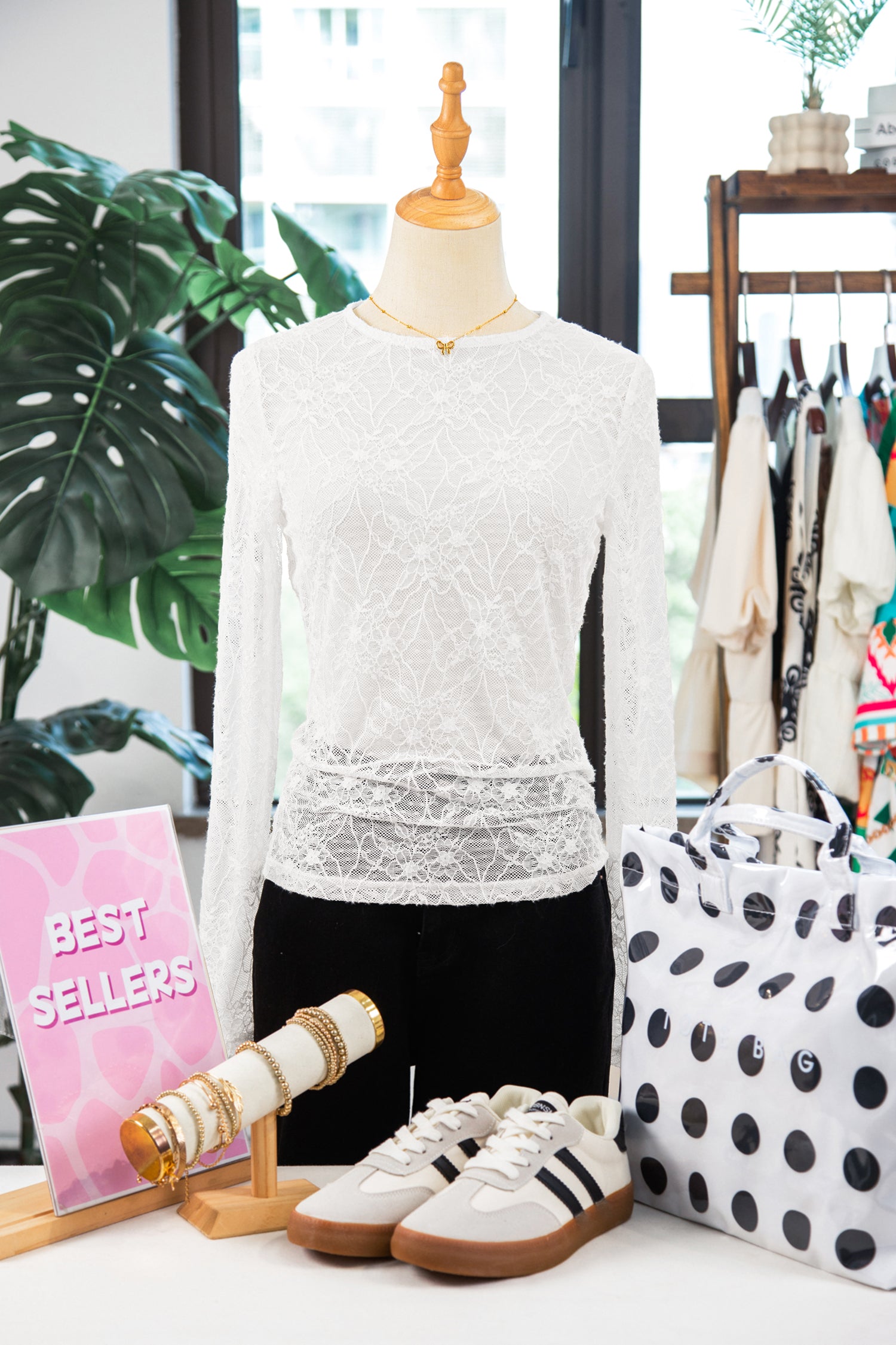 Beige Long Sleeve Sheer Mesh Lace Top