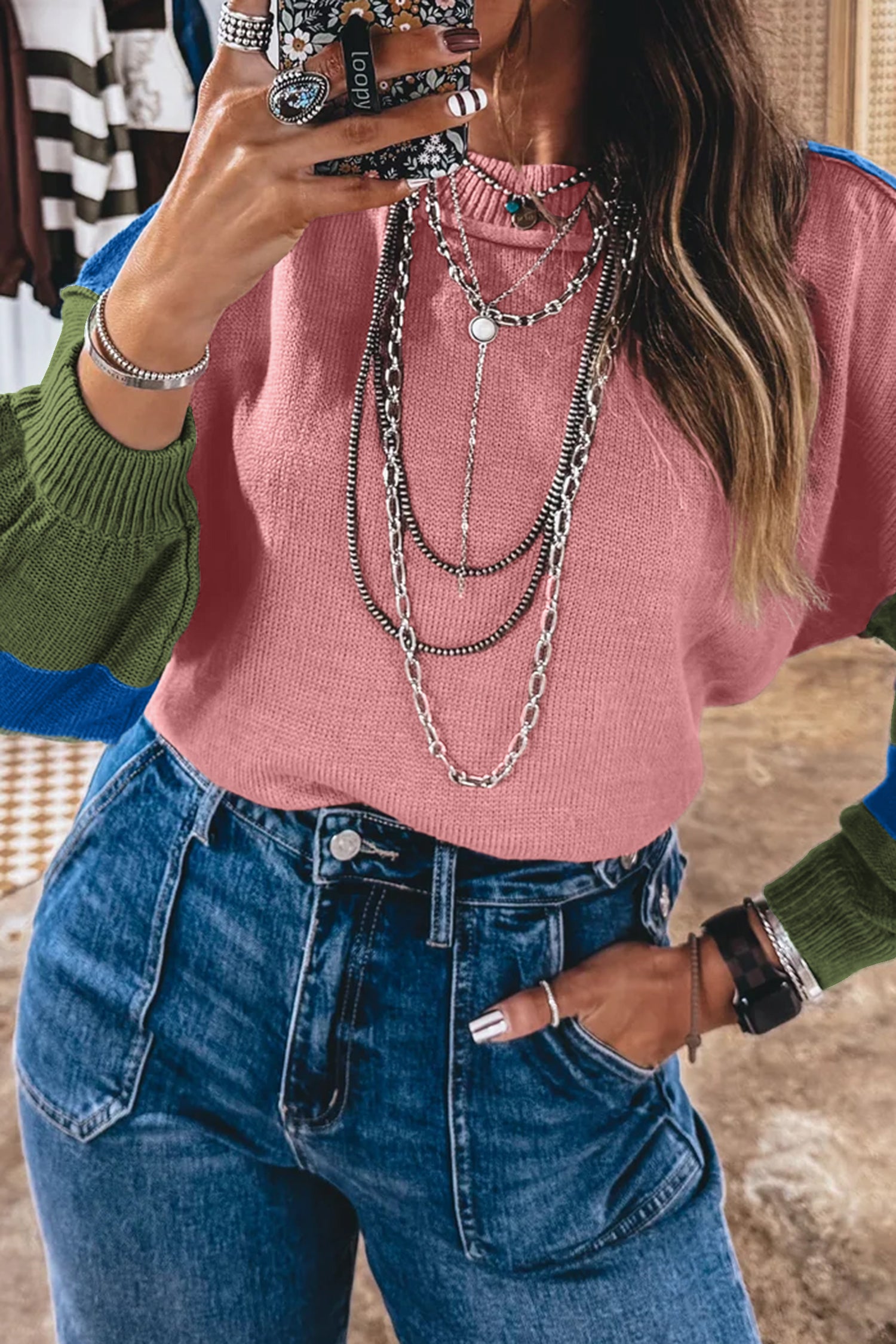 Multicolour Western Colorblock Patchwork Striped Long Sleeve Pullover Sweater