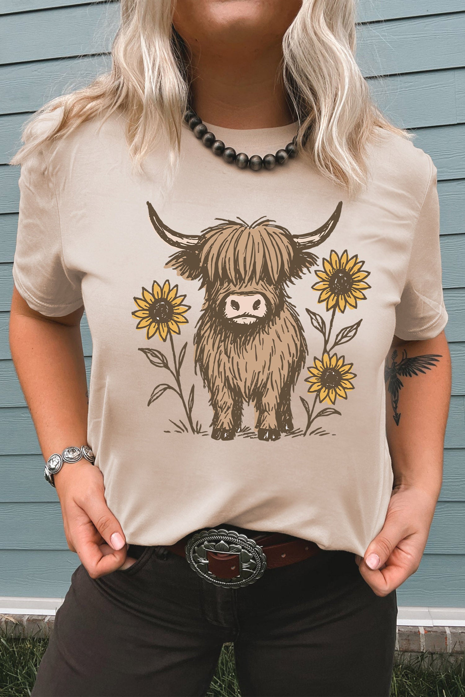 Khaki Western Print Highland Cow Graphic T-Shirt